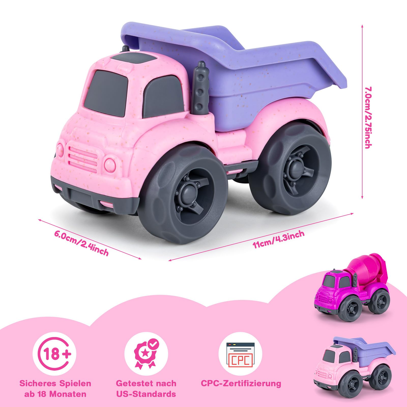 Giochi Bambini 1-3 Anni | Camion Costruzione (Betoniere + Autocarro) – Giocattolo Ecologico in Paglia Naturale e Plastica Riciclata | Ideale per Spiaggia, Giardino e Sabbia | Facile da Lavare （Rosa）