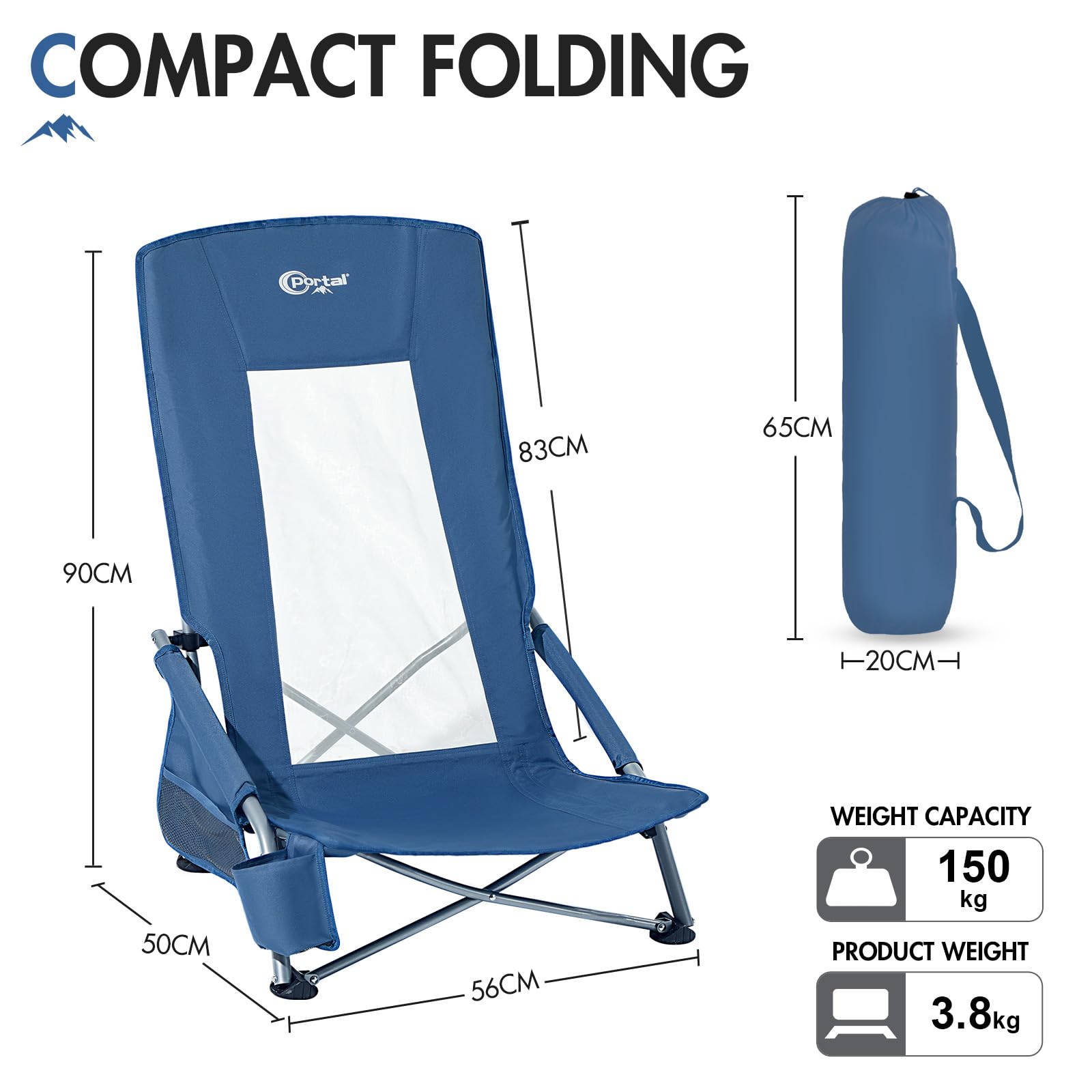 Portal Set di 2 sedie da spiaggia con schienale alto, leggere, basse, portatili per adulti, pieghevoli, per spiaggia, festival, picnic, sedia a sdraio, per esterni, con portabicchieri, rete