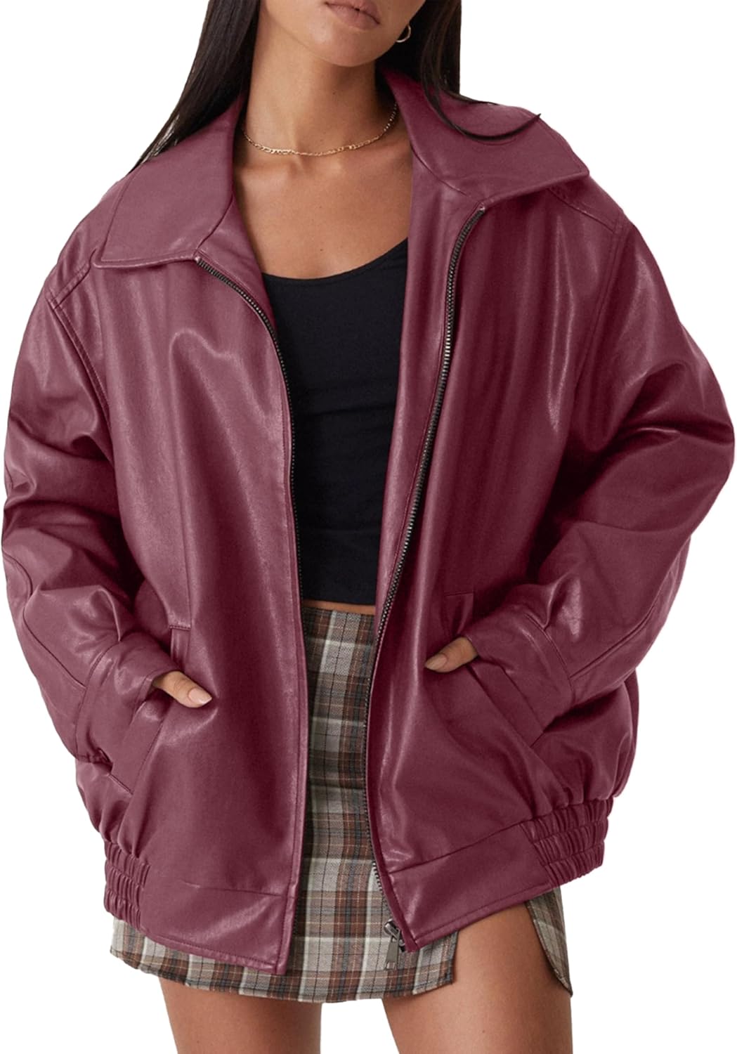 FSVABY Womens Oversized Faux Leather Motocycle Jacket Zip Up Outwear Coat with Pockets