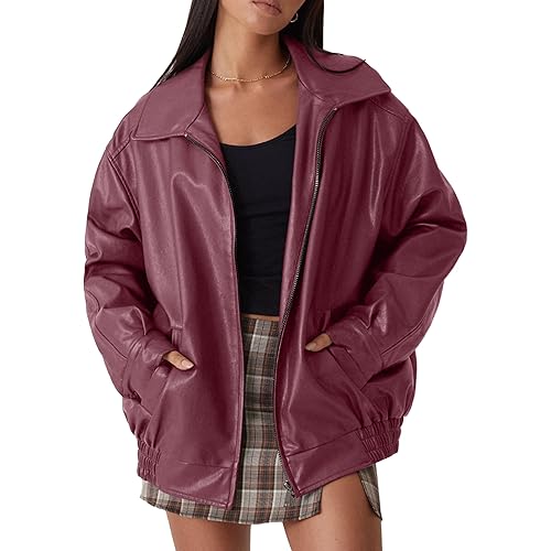 Womens Oversized Faux Leather Motocycle Jacket Zip Up Outwear Coat with Pockets