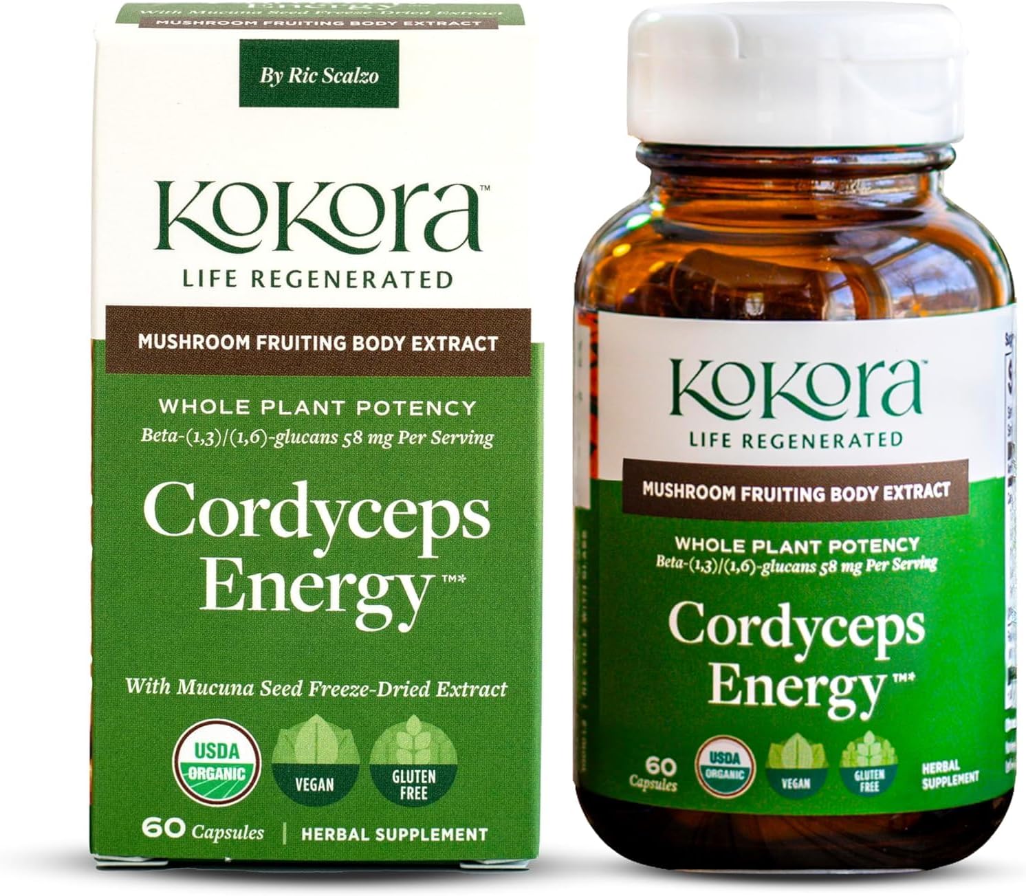 kokora Cordyceps Energy -Organic Adaptogenic Mushroom Supplement for Energy and Performance*- Cordyceps with Beta Glucans & Mucuna - Vegan, Non-GMO - 60 Capsules - 30 Servings