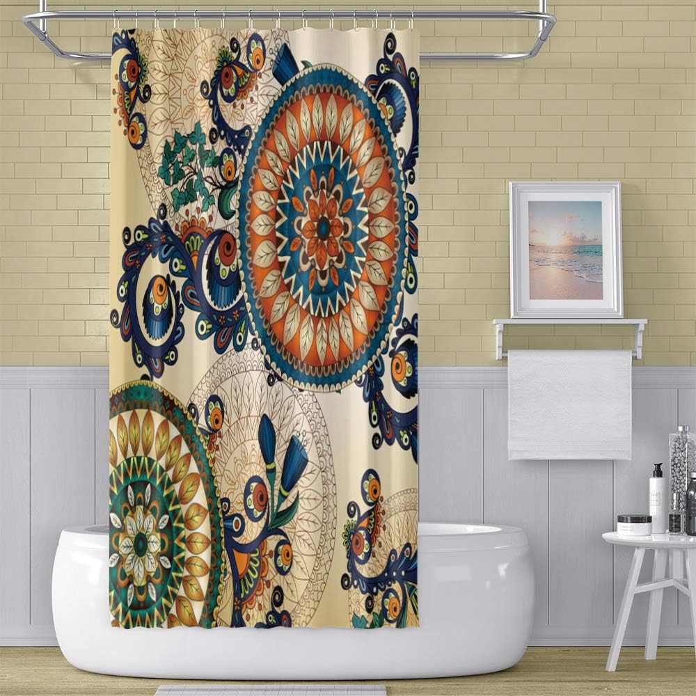 OERJU Ethnic Shower Curtain for Bathroom - Floral Boho Pattern with Peacock Feather Folk Image - Machine Washable Bathroom Curtain Set with Hooks - 72x96inch Waterproof Polyester