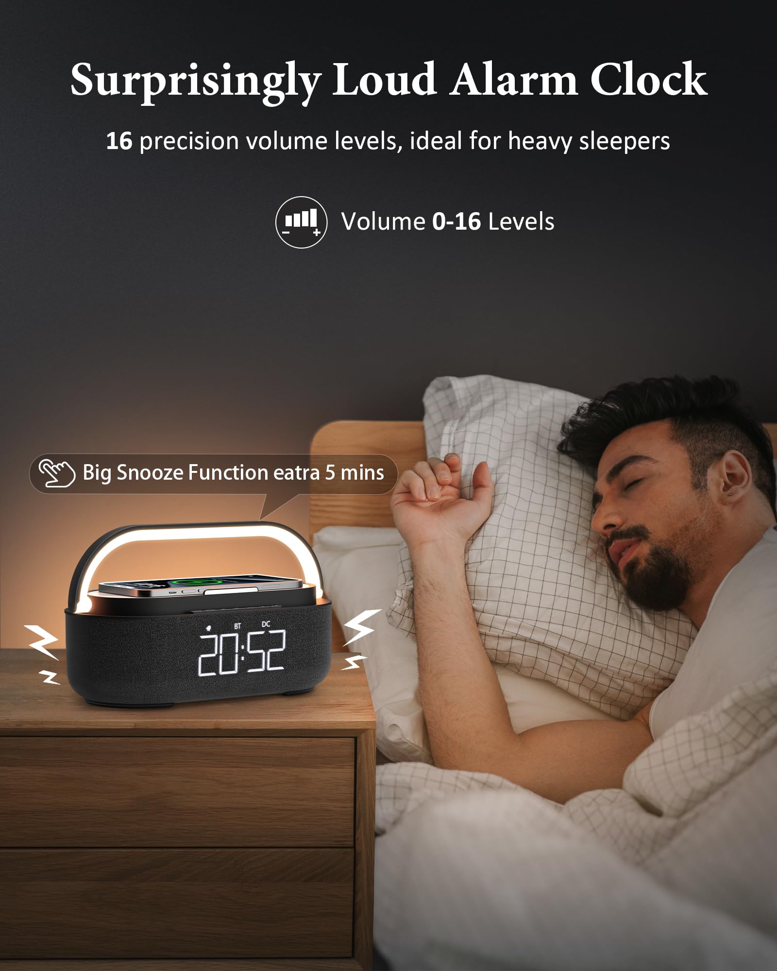 COLSUR Radiobudzik cyfrowy z bezprzewodową ładowarką, głośnik Bluetooth z ładowarką USB, inteligentny budzik, funkcja drzemki, indukcyjna stacja ładująca, lampka nocna, ściemniany wyświetlacz LED i