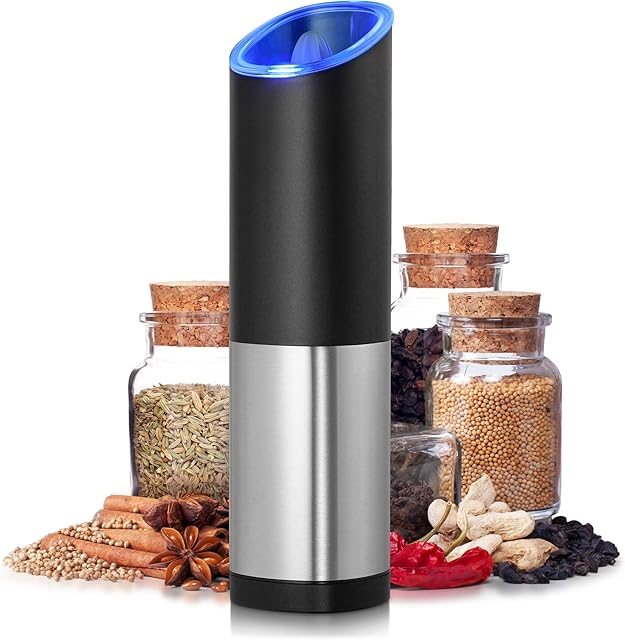 Mata1 Electric Spice Grinder (Black & Silver), Automatic Gravity Salt & Pepper Mill, Refillable w/ Adjustable Coarseness, Stainless Steel Battery Operated Electronic Seasoning Grinder
