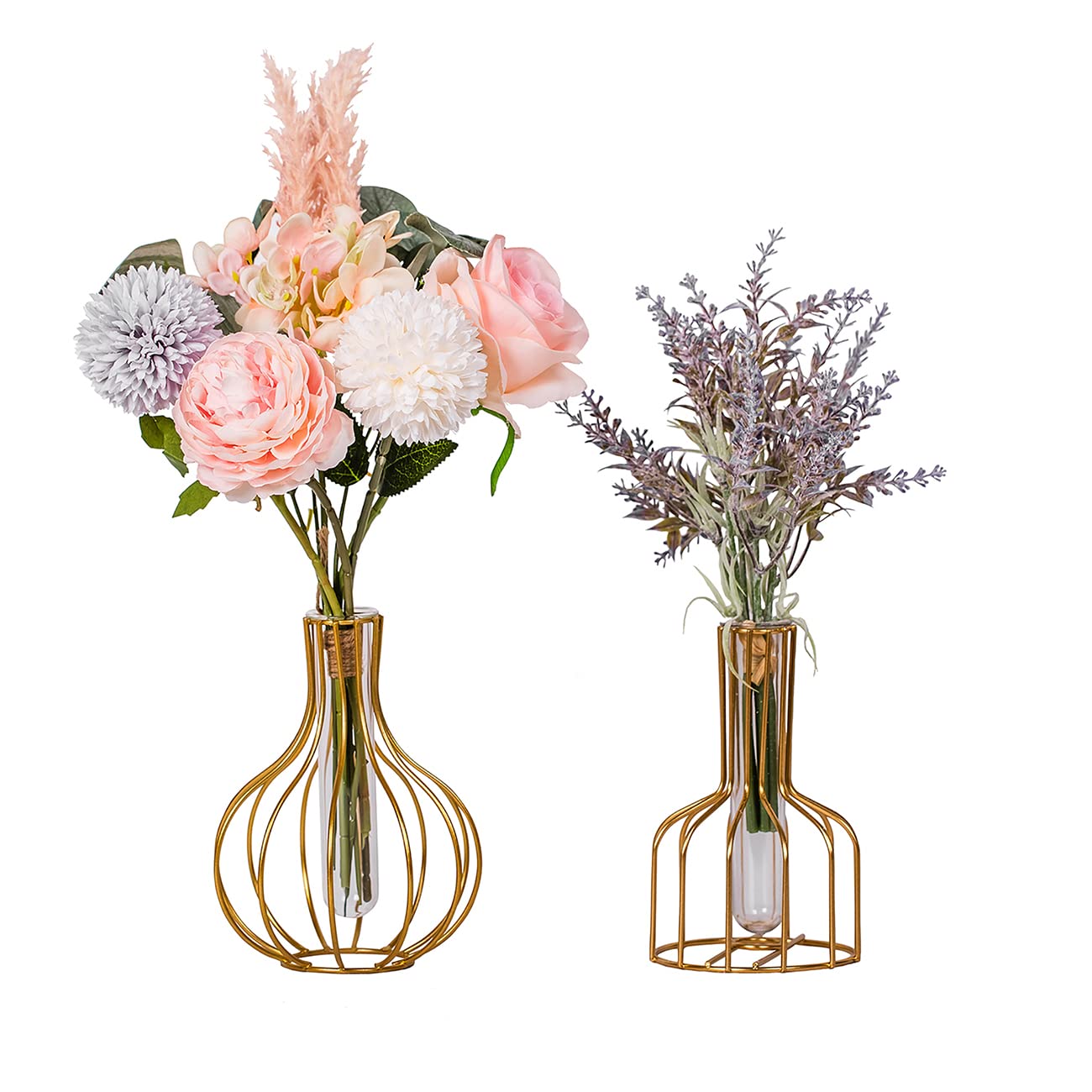 Heleze Artificial Flowers Bouquets with Desktop Glass Tube Vase Holder,Faux Fake Lavender in Terrarium Metal Stand for Table Centerpieces Office Home Decor Indoor 2 Pack