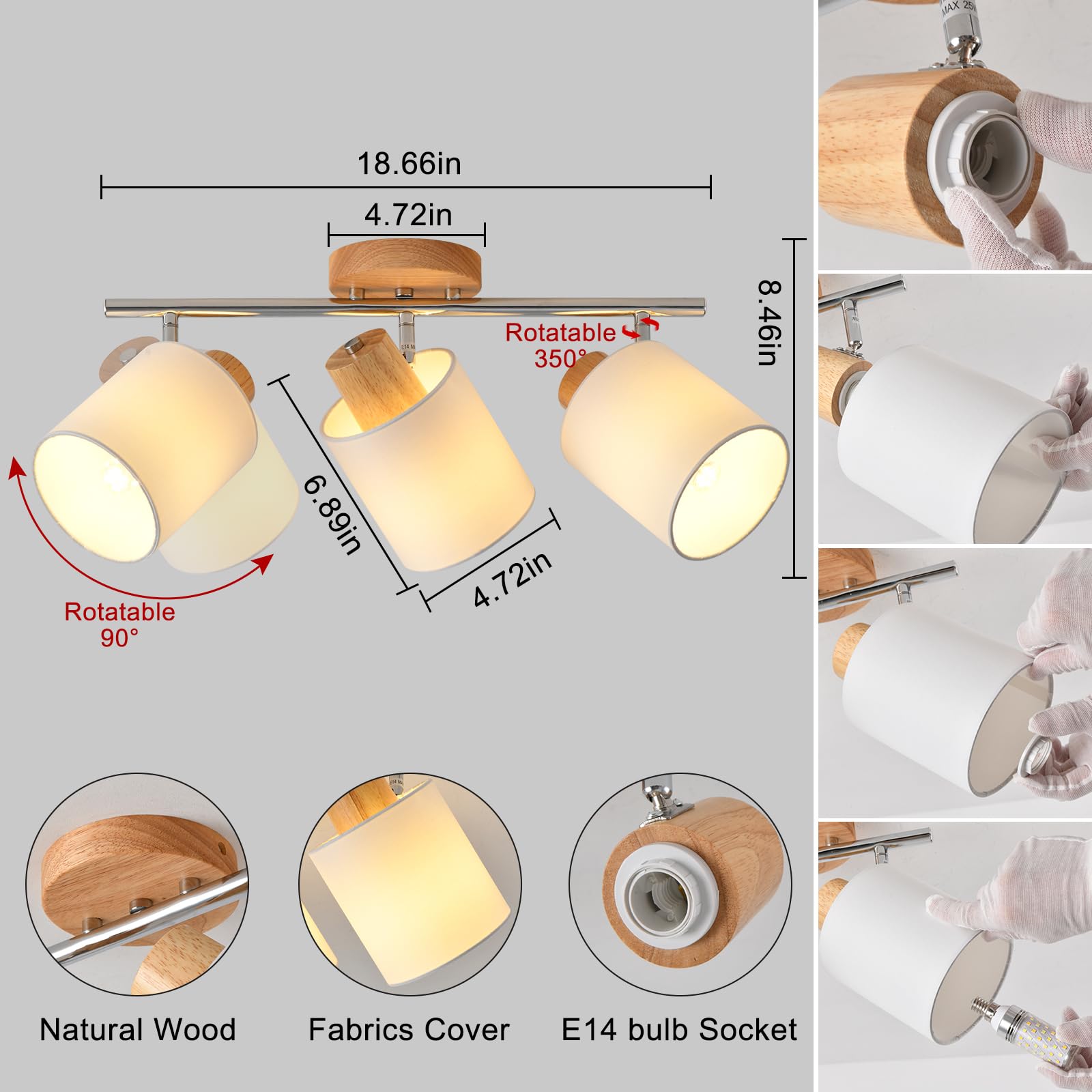 SANSHI faretti led soffitto in 3 punt,lampadario legno regolabile, Base E14 230V moderna Luce a parete,faretti soffitto per interni soggiorno, camera da letto, sala da pranzo (senza lampadine)
