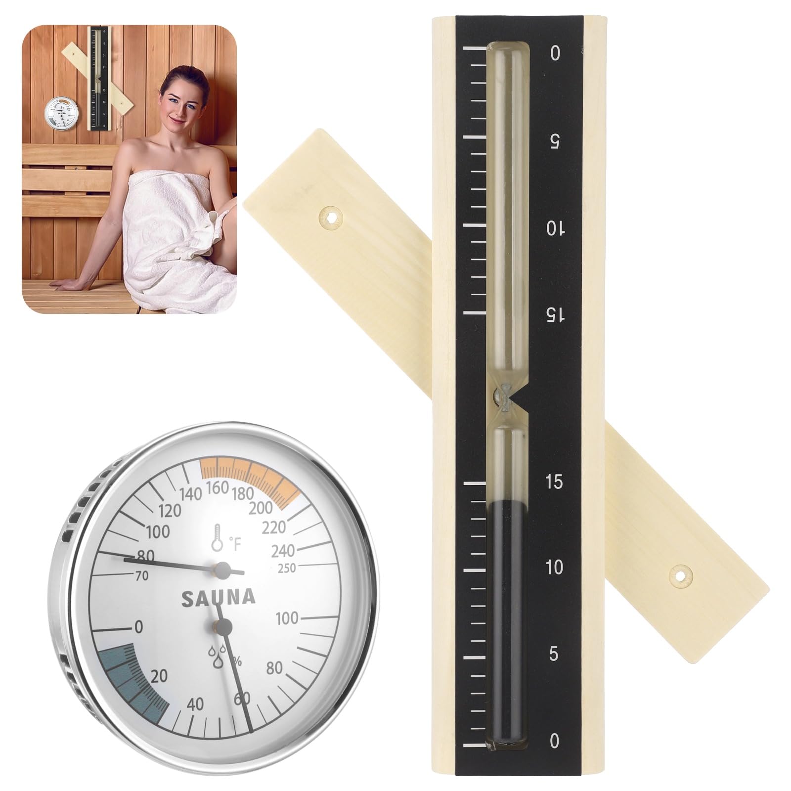 Zestaw 2 termometrów do sauny, higrometru, z czasomierzem piaskowym, mechanicznym miernikiem temperatury i wilgotności, zakres od 70 do 121.1 °C, montowany na ścianie, drewniany, 15 min, obrotowa