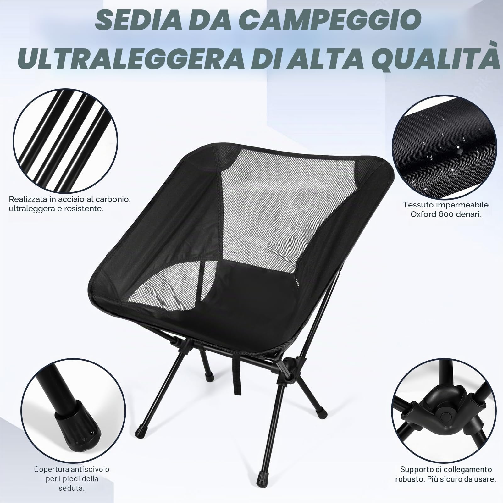 Sedia da Campeggio Pieghevole Leggera, Capacità di Carico 110kg, Sedia da Campeggio Portatile con Borsa Portaoggetti, Sedia da Spiaggia Compatta per Picnic, Campeggio, Viaggi, Pesca, Spiaggia