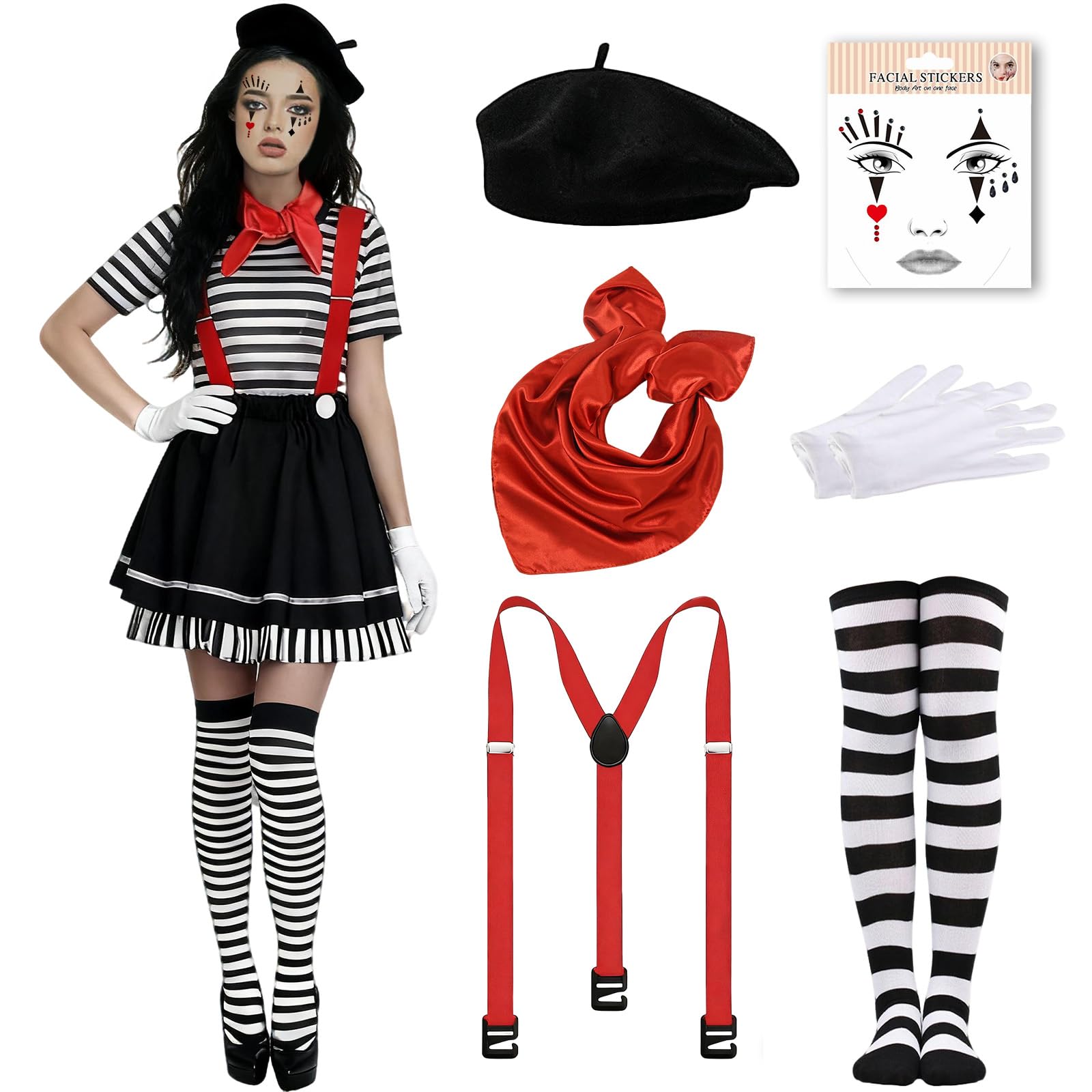 Disfraz Mimo Mujer Carnaval, Mimo Accesorios Set con Boina y Tatuaje Cara, Disfraz Pantomima para Fiesta de Carnaval Halloween (A)