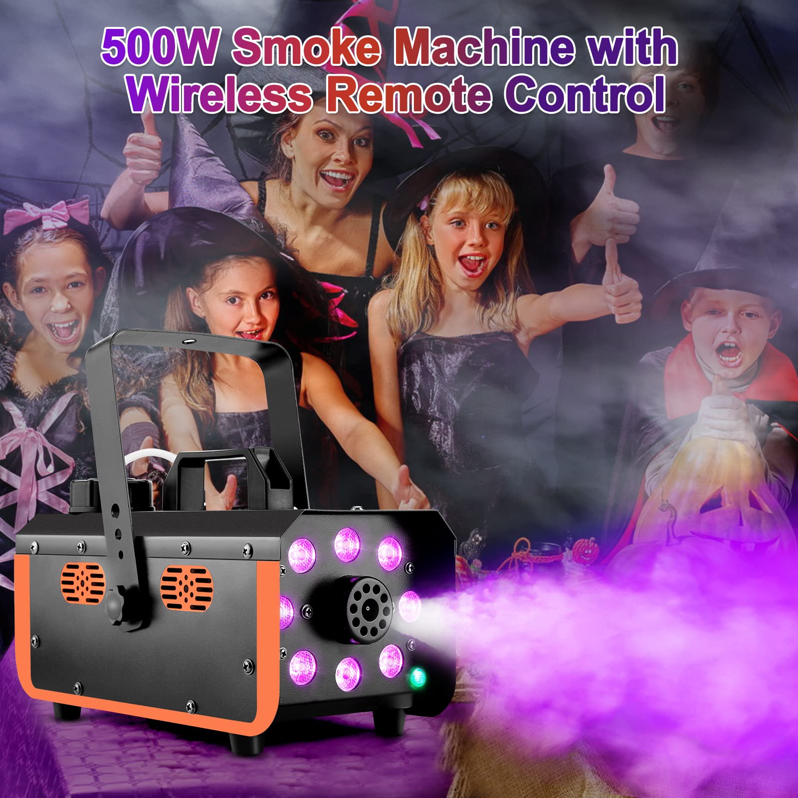 Nebelmaschine, HAKUTA wasserdichte Nebelmaschine 500W mit 2300 CFM Nebelausstoß und 2 Fernbedienungen, 8 LED Lichter mit Fade-, Blitz-, Smooth- und Strobe-Effekt für Party, Hochzeit, Halloween usw