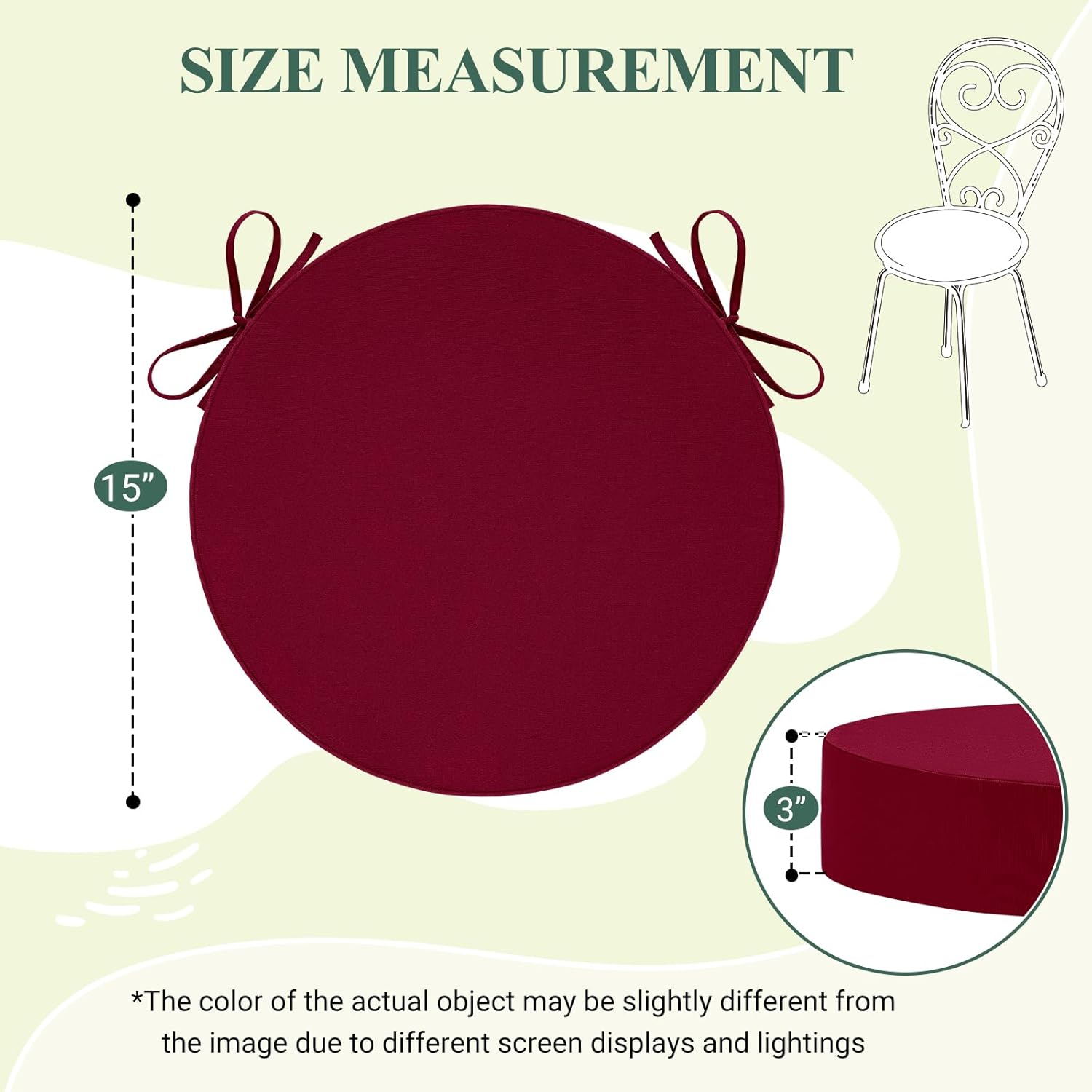 HARBOREST Outdoor Bistro Chair Cushions Set of 4, Waterproof Round Outdoor Cushions with Non-Slip Ties and Removable Covers, 15" D x 3" H, Burgundy