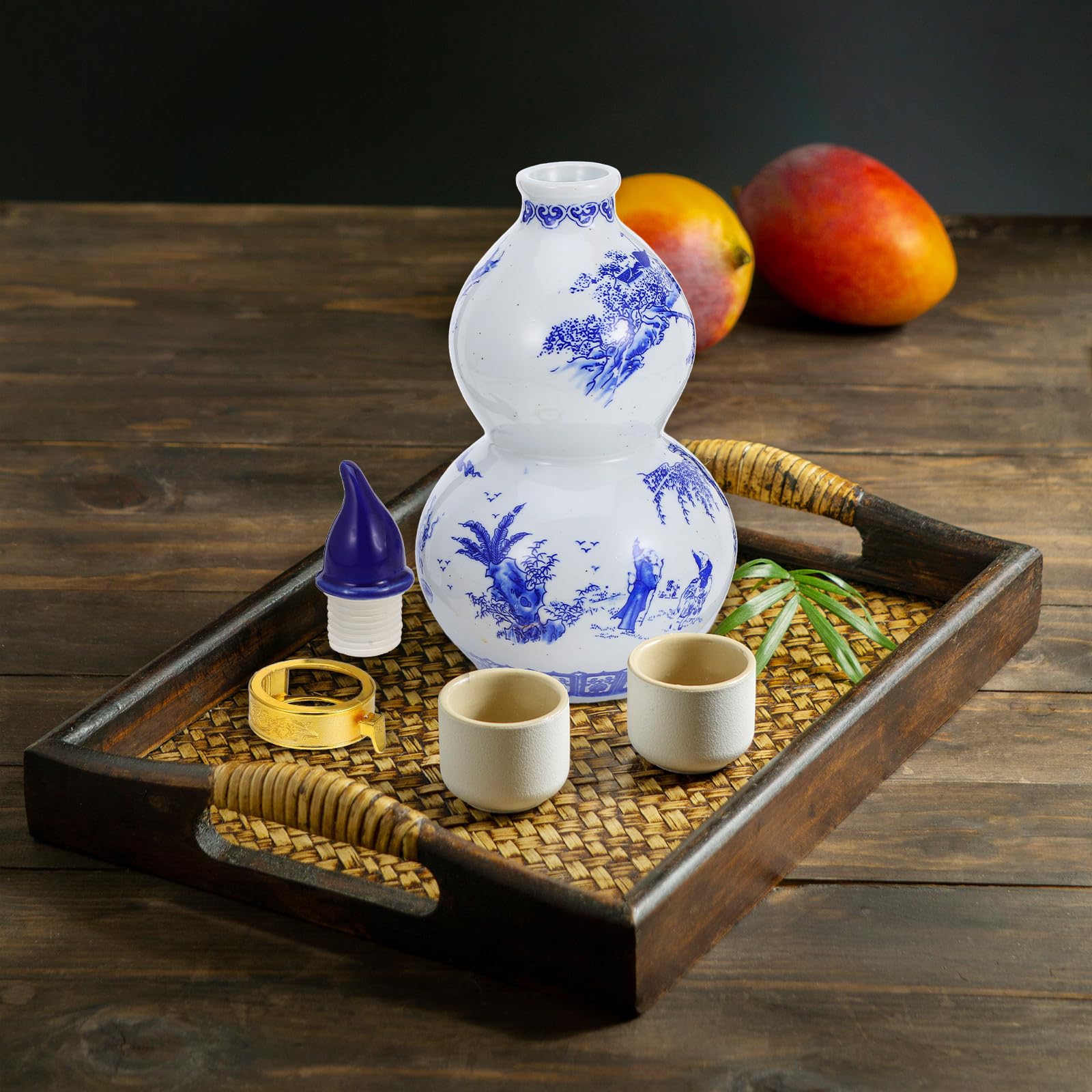 Bottiglia per Sakè in Ceramica Blu, Brocca a Zucca Vintage