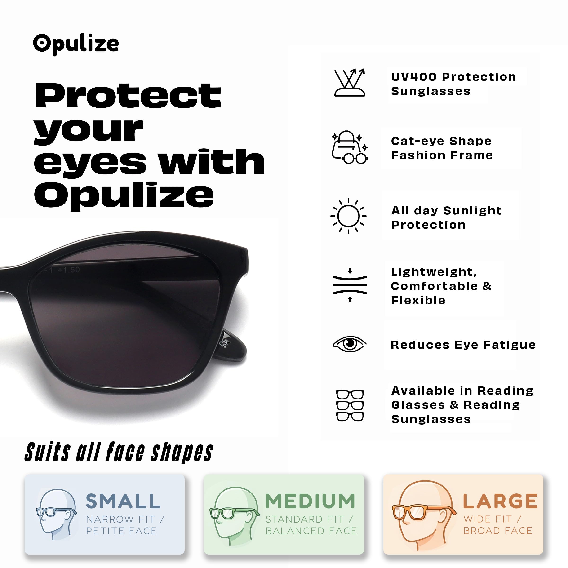 OPULIZE KAT Gafas de Sol - Elegante Montura Ojo de Gato - Negro - Hombres y Mujeres - Ajuste Muy Cómodo - Bisagras de Muelle - S59-1
