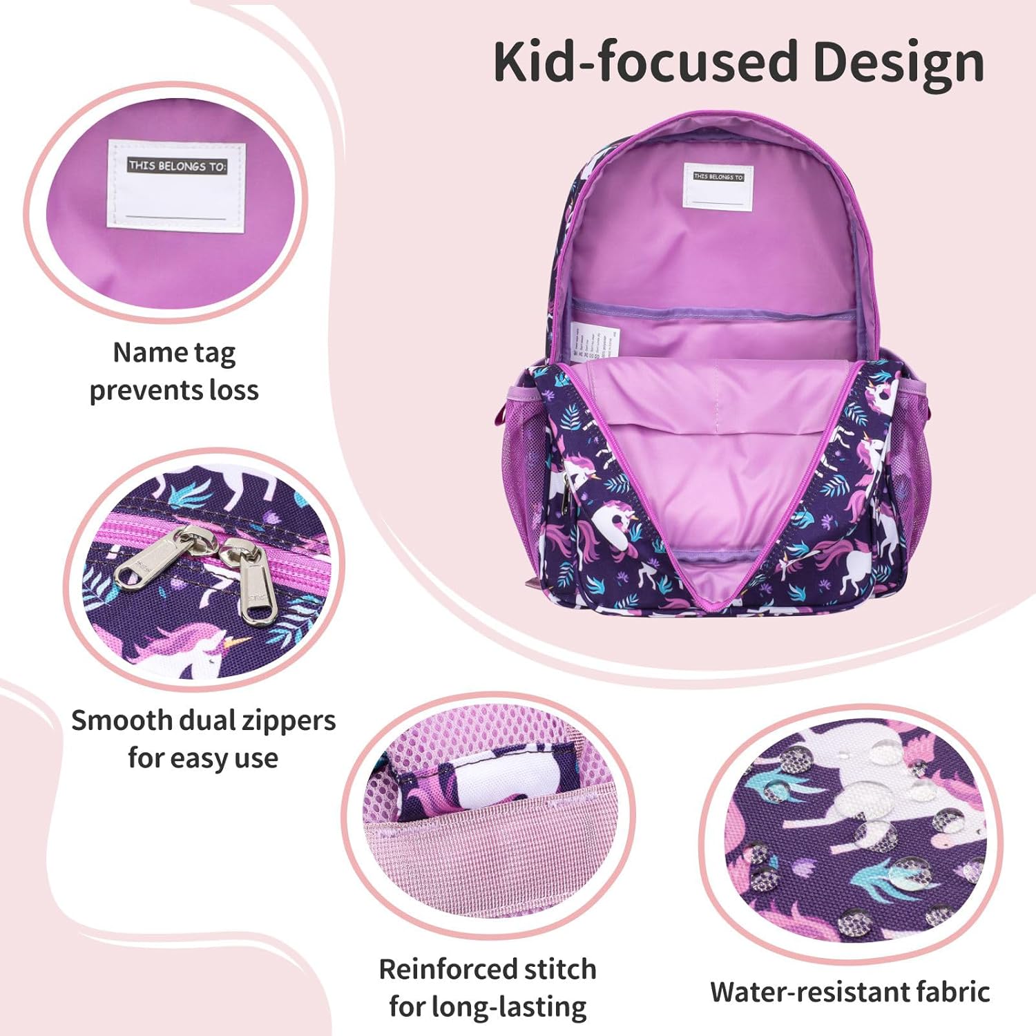 Kids Backpack for Girls Kindergarten - 15 Inch Lightweight School Bookbag fits Folder, Unicorn Backpack for Kids 4-7 with Chest Strap & Insulated Pocket, Deep Purple - Image 7