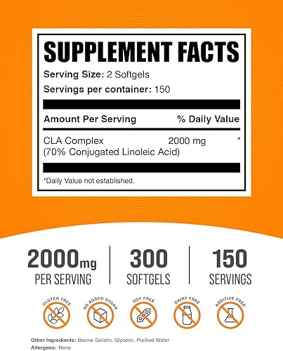 Vista 2 de BulkSupplements. Com cápsulas blandas de ácido linoleico conjugadas - suplementos de CLA, CLA 2000 mg, CLA Cápsula de cártamo, píldoras CLA - 2