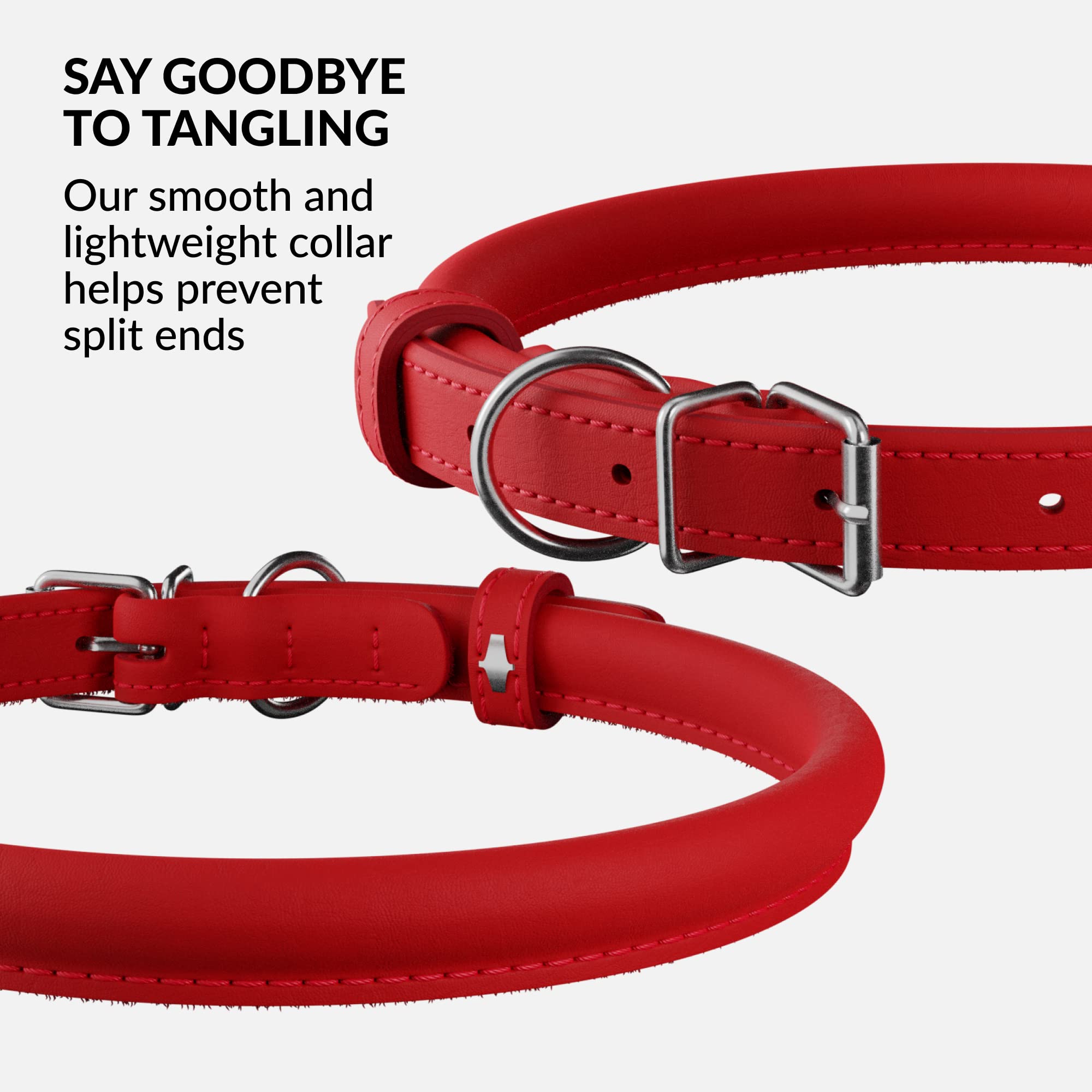 CollarDirect CollarDirect Rolled Leather Dog Collar, Soft Padded Round Puppy Collar, Handmade Genuine Leather Collar Dog Small Large Cat Collars (Red Smooth, 15-18 cm) in use