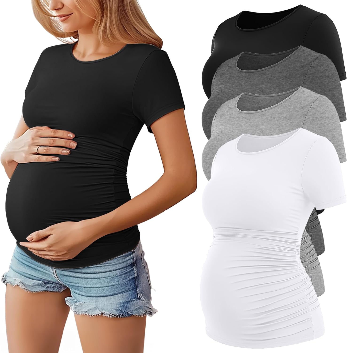 Huukeay 4 Pack Women's Maternity Shirts, Crew Neck Maternity Top Short Sleeve Casual Cotton Tee Side Ruched Pregnancy Clothes