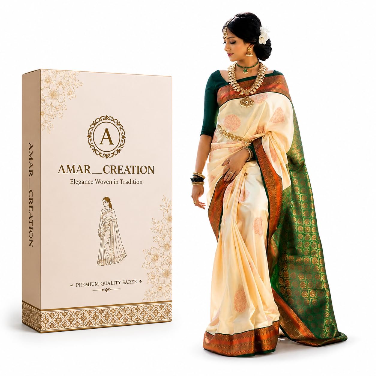 Banarasi Soft Silk Saree for Women with Rich Zari Woven Border & Jacquard Pallu | Traditional Wedding Saree | Festive Saree with Unstitched Jacquard Blouse Piece | Cream Green-picture-42