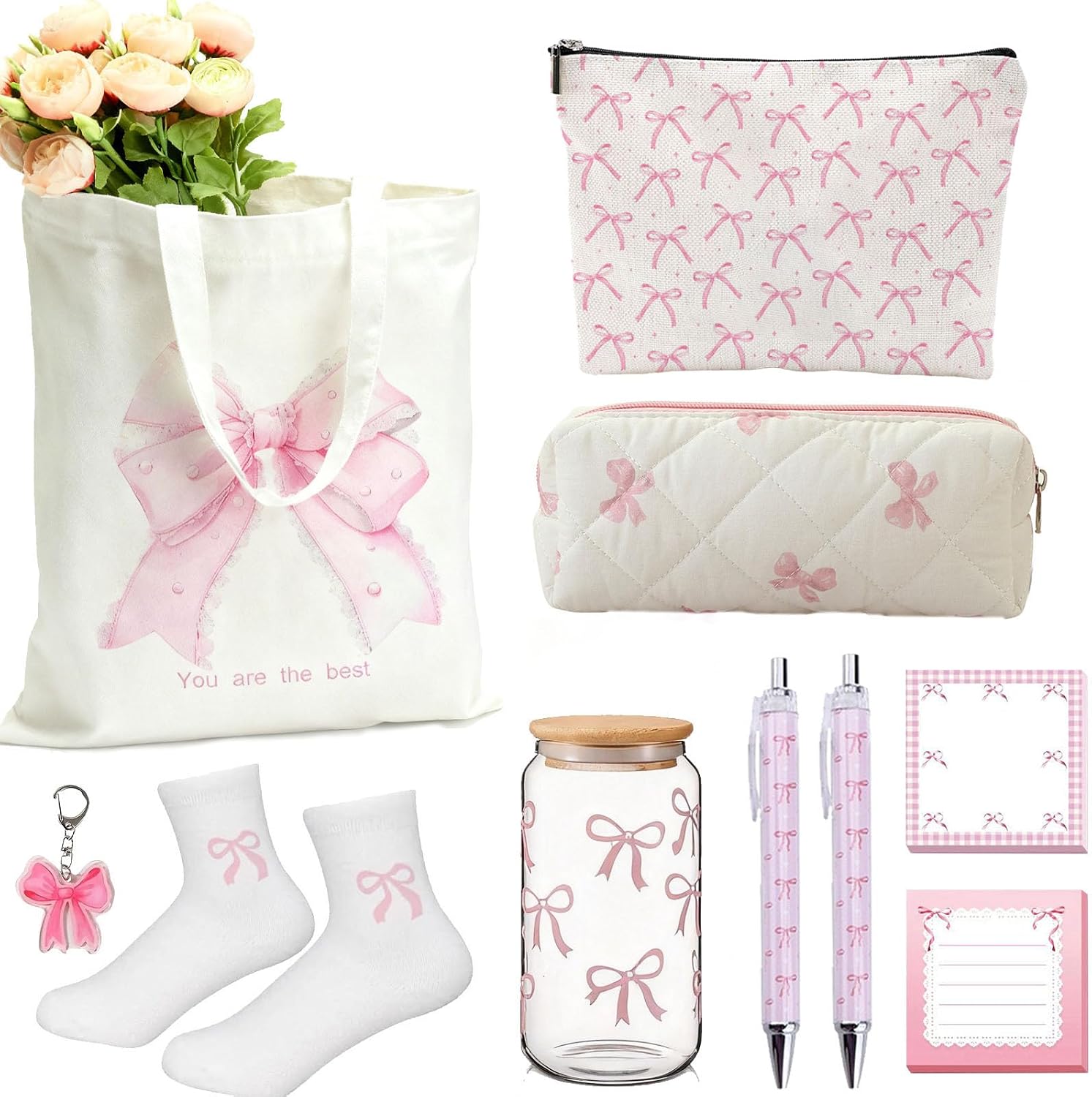 10 Pcs Pink Bow Stuff Gift for Girls, Includes Tote Bag,Cup,Cosmetic Bag