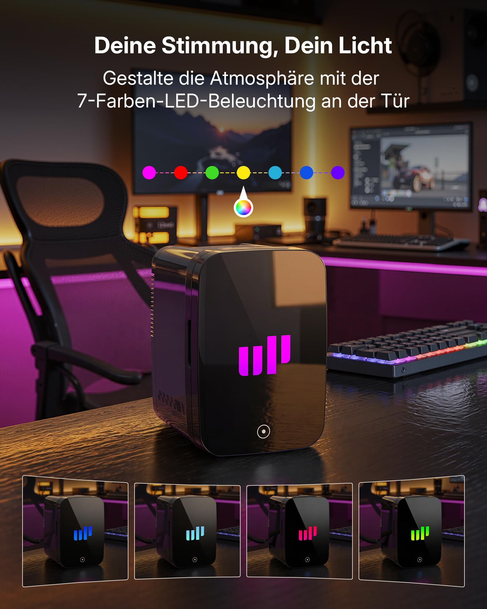 Upstreman Mini Kühlschrank Gaming 4L / 6 Dosen, Schwarz, TR4-Up | 7 Farben LED, Kühlen & Warmhalten Minikühlschrank, 12V/220V, Mini Kühlschrank Red Bull, Schlafsaal, Büro & Auto