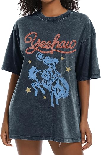 Western Shirts for Women Vintage Cowgirl Shirt Oversized Rodeo Cowboy Graphic Tees Country Concert Short Sleeve Tops