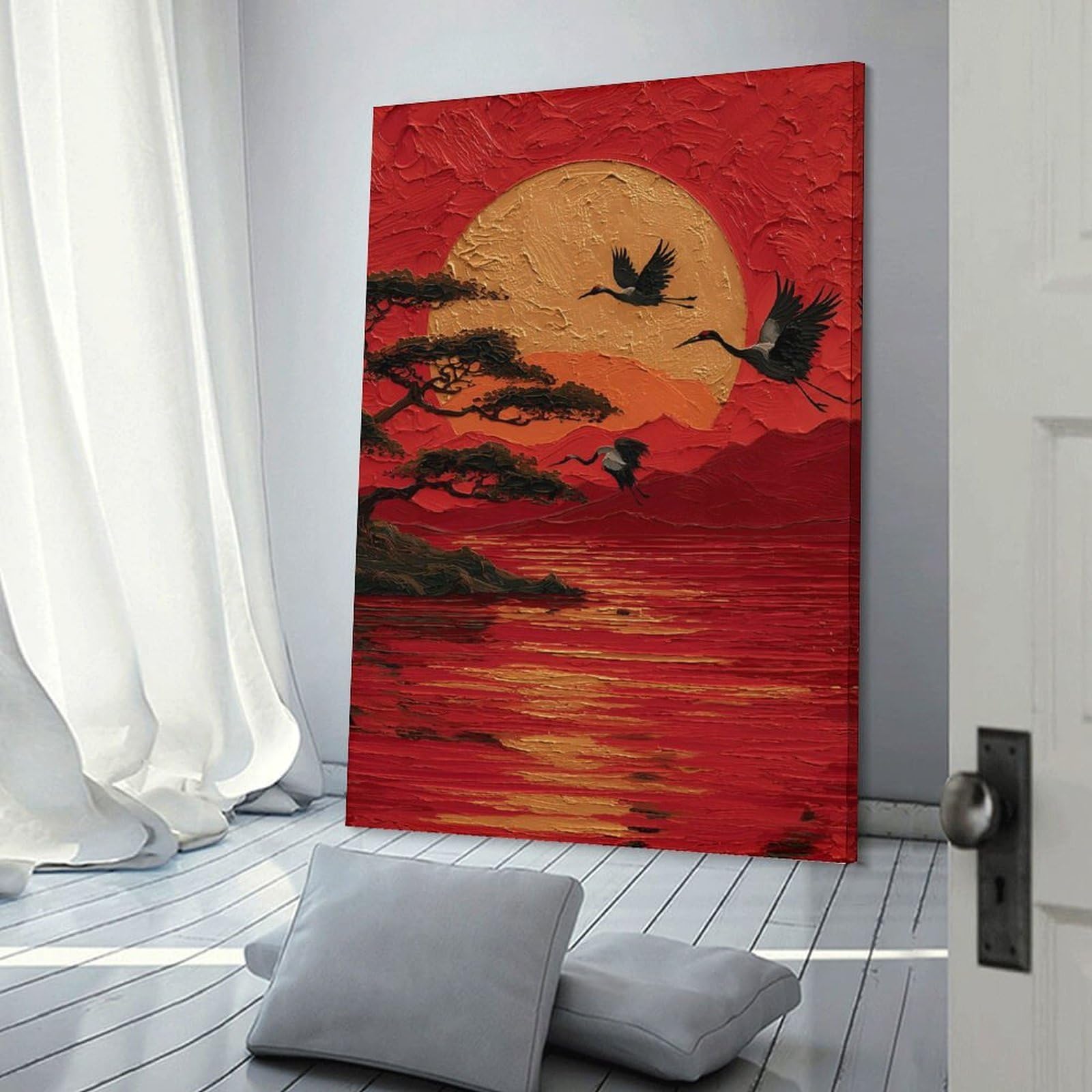 Junmoney Frame-Style-5 Cranes Flying Over Red Water Hanging Wall Art 24X36inch(60X90cm), For Bedroom Walls, Guest Spaces Or Lounges, Home Artwork With A Soft Interior Feel