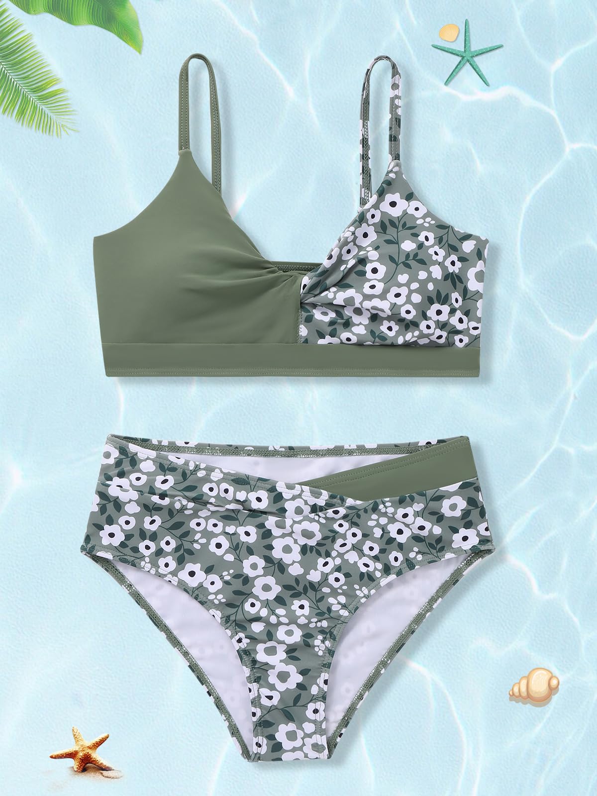 Traje de baño de 2 piezas para niñas, conjunto de bikini con bloques de color tropical, floral, lindo traje de baño para niñas