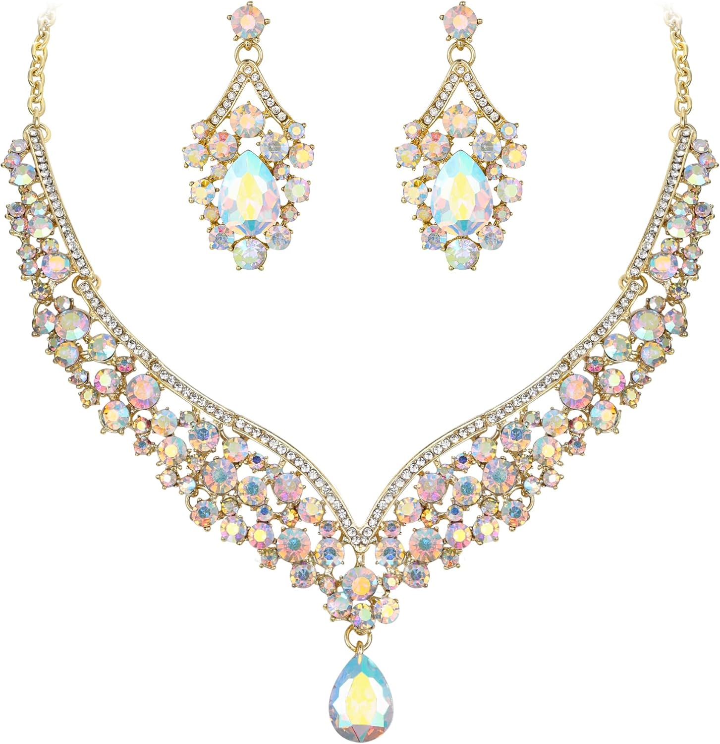 EVER FAITH Wedding Jewelry for Bride Austrian Crystal Elegant V-Shaped Teardrop Bridal Prom Statement Necklace Earrings Set for Women