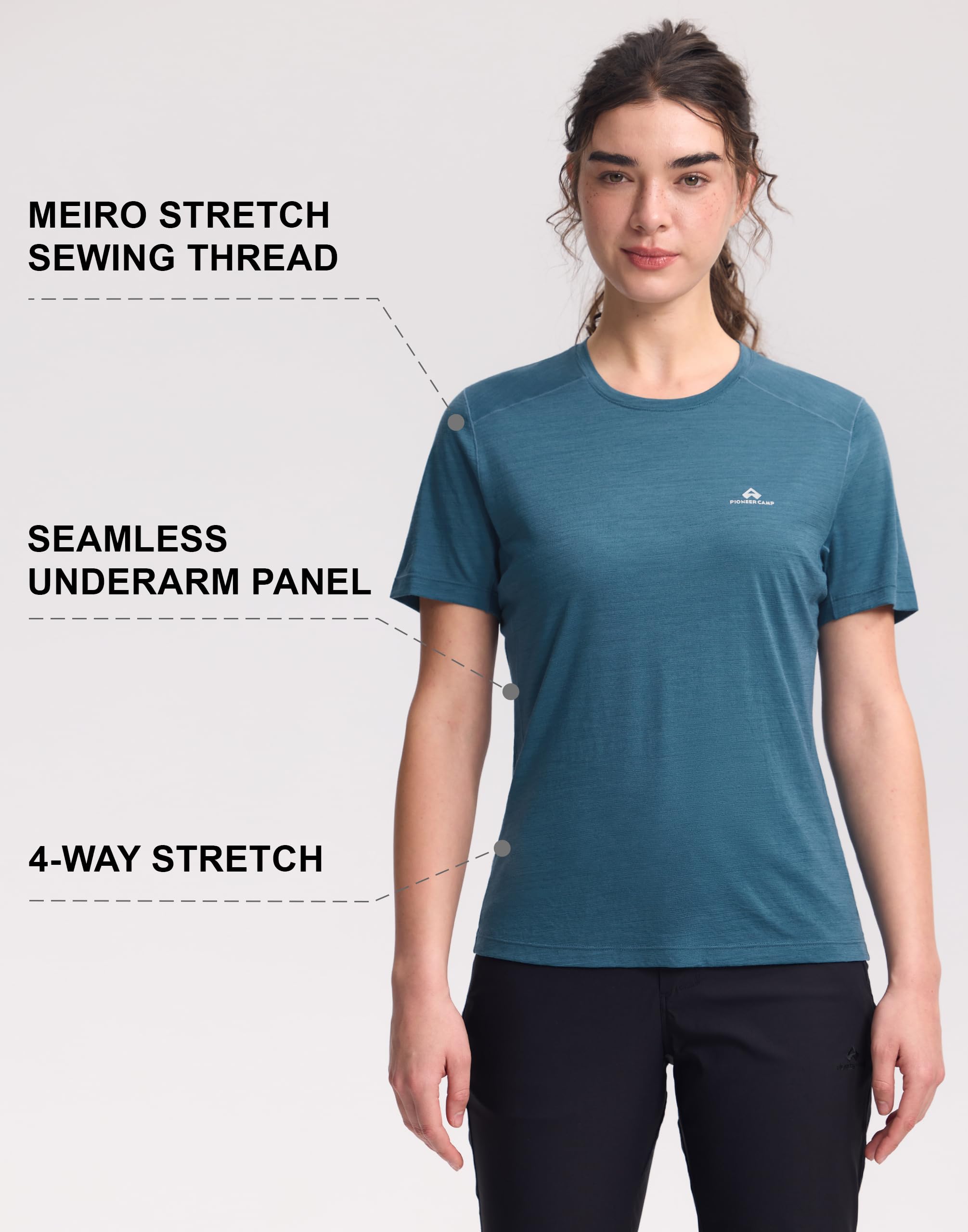 Pioneer Camp Maglietta da donna in lana merino funzionale, traspirante, a maniche corte, per donna, traspirante e ad asciugatura rapida, per escursioni, trail running, campeggio