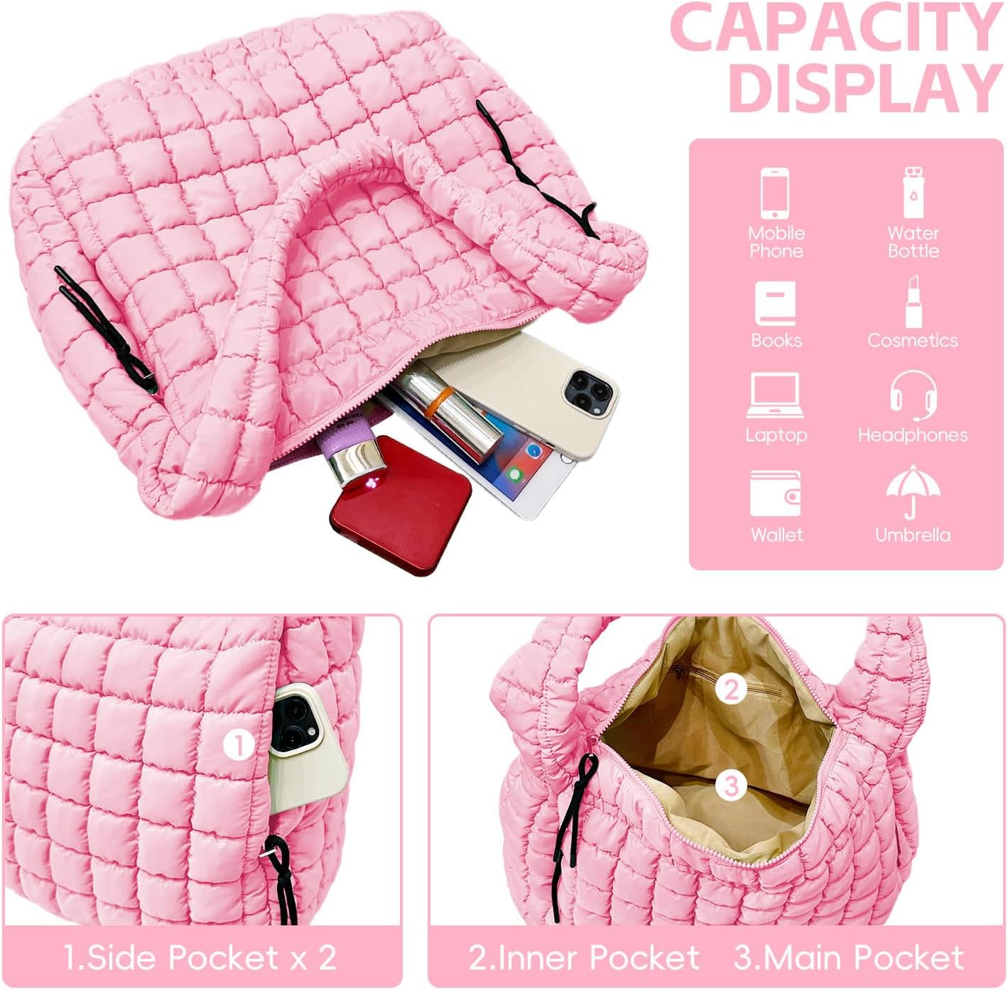 Puffer Tote, Quilted Puffer Hobo Bag, Lightweight Puffy Quilted Shoulder Bag for Work, Gym, Travel - Image 5