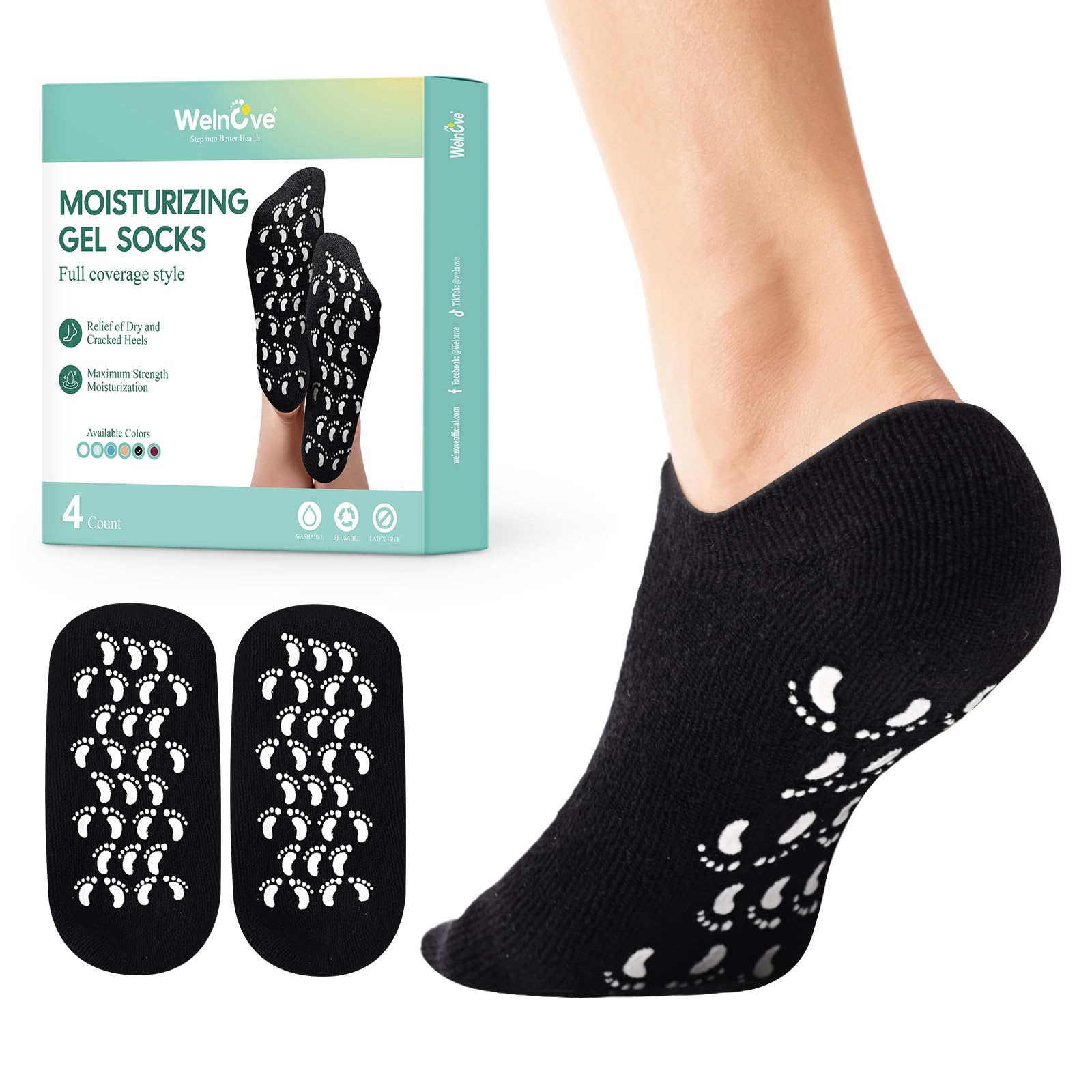 Welnove Calzini idratanti in silicone da uomo, 2 paia, morbidi calzini per piedi secchi e screpolati, calzini in gel infuso di aloe, calzini di cotone per donne e uomini, per la cura dei piedi, nero