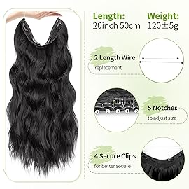 KooKaStyle Invisible Wire Hair Extensions with Transparent Wire Adjustable Size 4 Secure Clips Long Wavy Secret Hairpiece (24 Inch, Black)