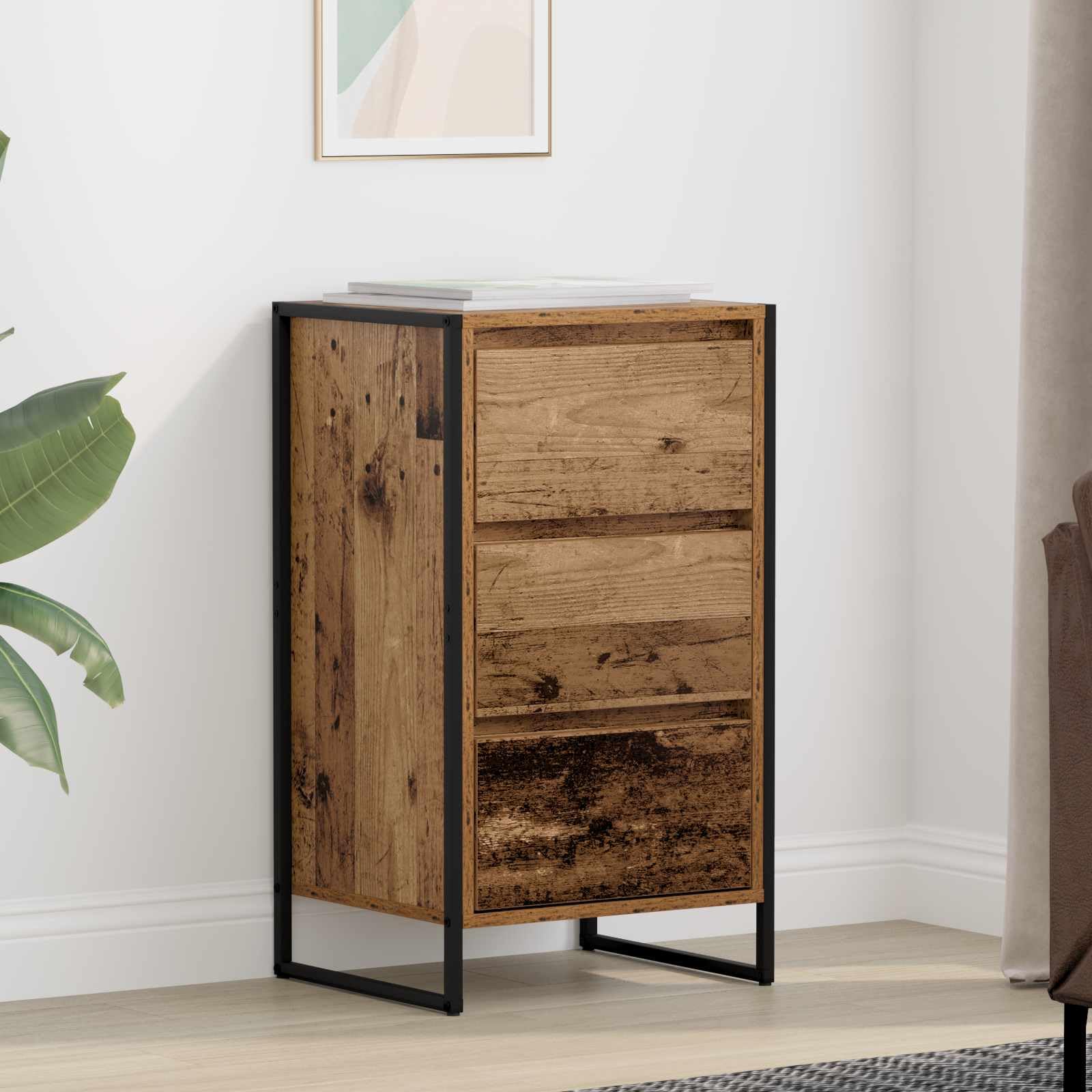 Sideboard Altholz 42 x 36 x 75,5 cm Holzwerkstoff mit Schublade, Industrie-Design Schrank für Wohnzimmer, Schlafzimmer, robuste Stahlbeine, viel Stauraum für Bücher und Dekoration, moderne Wohnidee
