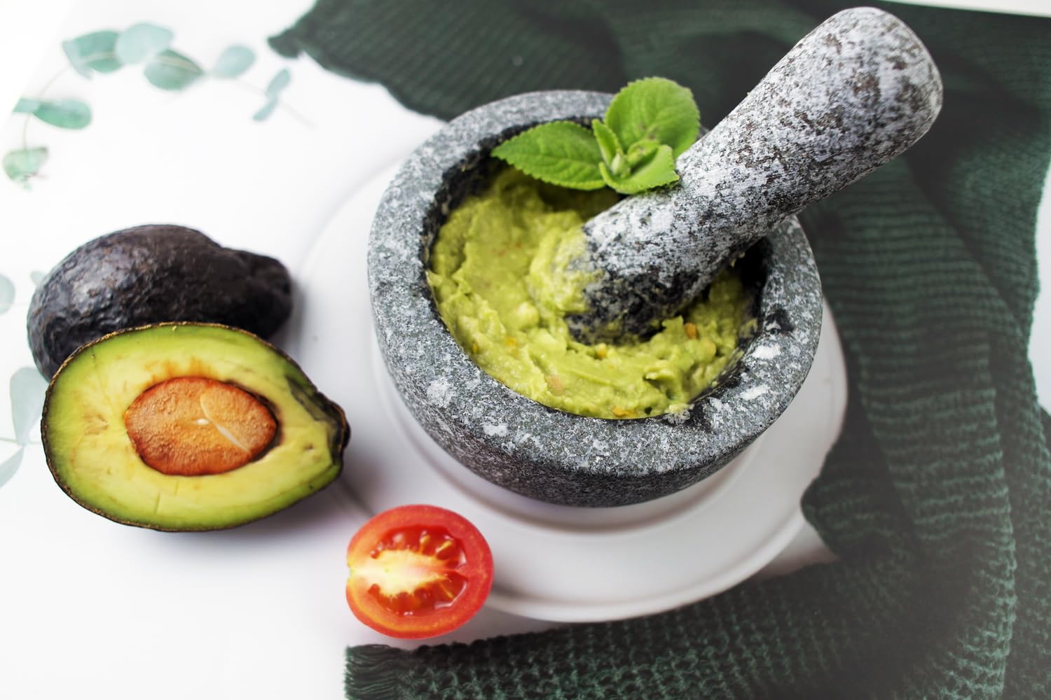 Juego de molcajete de piedra natural de 12,7 cm, capacidad de 1,5 tazas: 12,5 cm, mortero y mortero de granito para guacamole, molinillo para especias, condimentos, hierbas, especias, ajo, cocina,