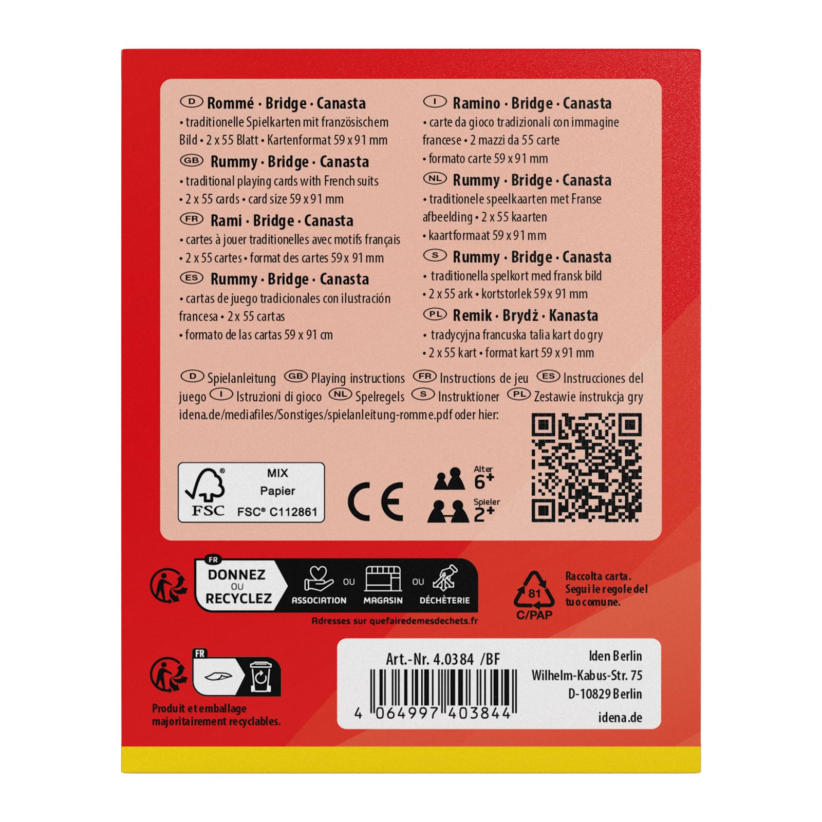 Idena 40384 - Carte da Gioco per ramino, Canasta e Bridge, 2 x 55 con Mano Francese, Gioco di Carte per 2-6 Giocatori dai 6 Anni in su