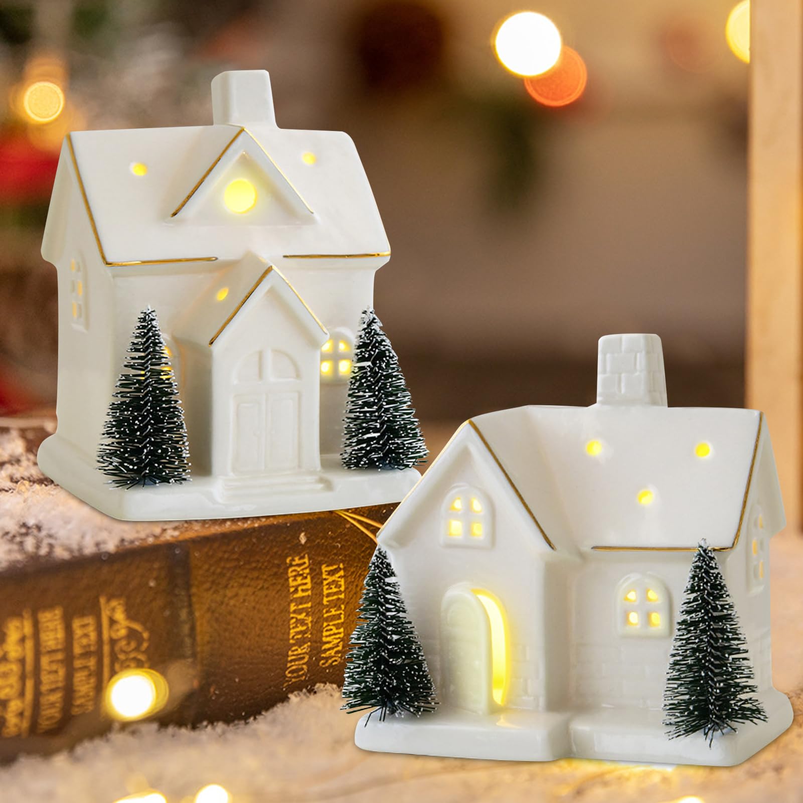 Weihnachtsdeko Porzellan Häuser Weiß, Weihnachtshaus Beleuchtet Lichthaus Keramik, Lichthaus Weiss Weihnachtsdorf Mit Batteriebetriebenen LED Leuchten Weihnachten (E+F)