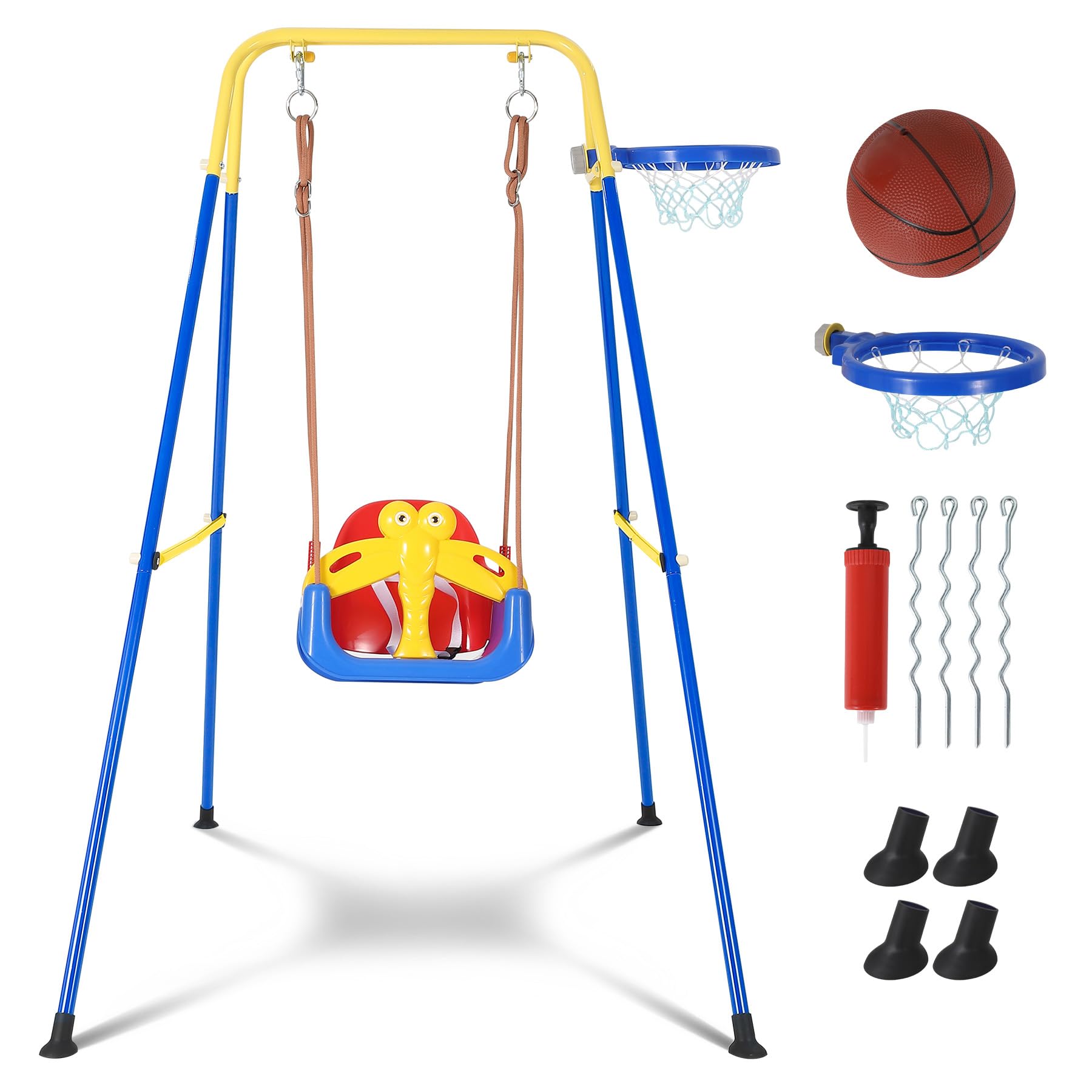 Garvee Upgraded Toddler Swing with Basketball Hoop, Baby Swing Outdoor with Detachable Design, Safety Belt, Foldable Frame for Backyard/Indoor/Outdoor