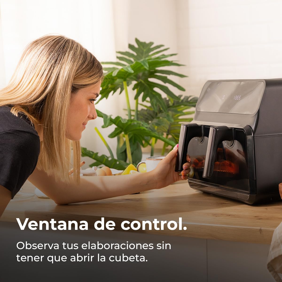 Cecotec Freidora de Aire 9 L Cecofry Advance 9000 Window Total 2200W | Temperatura Dual, Pared Divisoria Móvil, Ventana de Visualización, Tecnología PerfectCook, Control Digital, Función Dietética