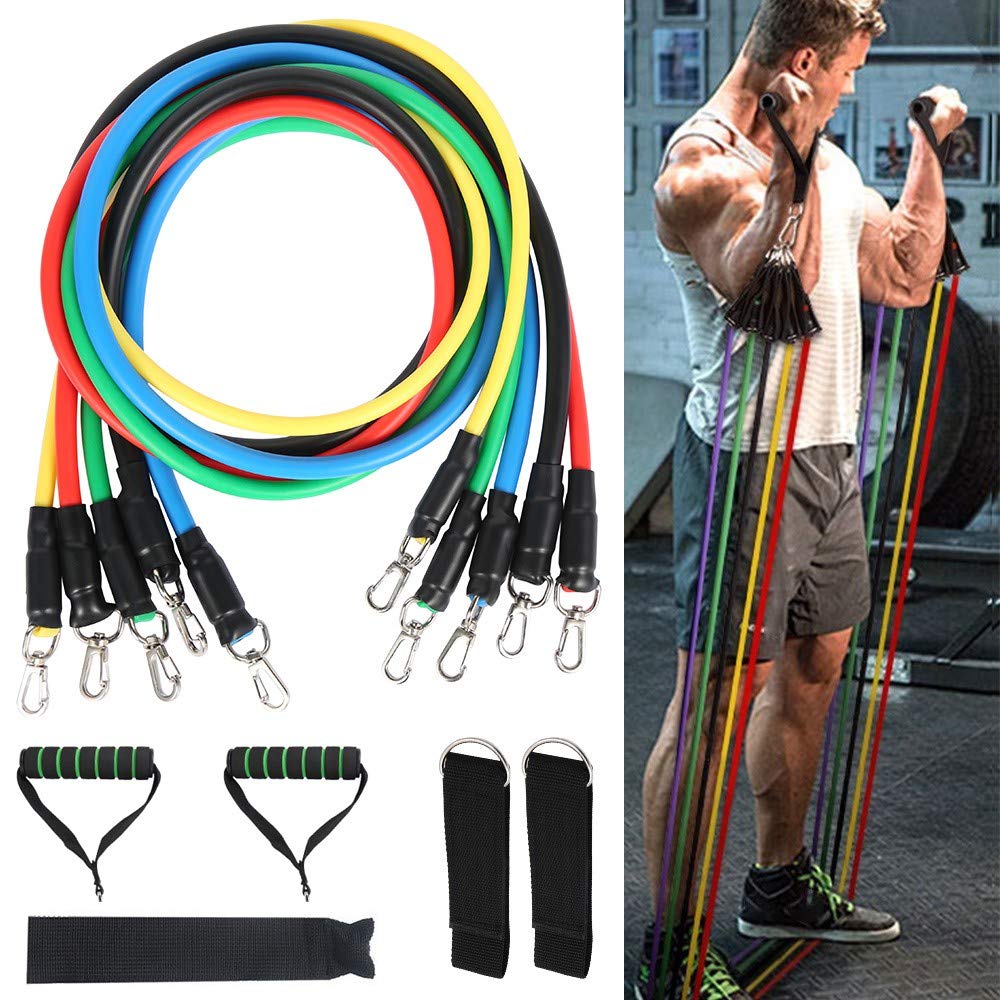 LoveStory 11 pcs Exercise Resistance Bands Sets 5 Fitness Tubes Workout Bands with Handles Fitness Training Stretch Band for Women/Men, Handles, Door Anchor, Ankle Straps, Carrying Pouch