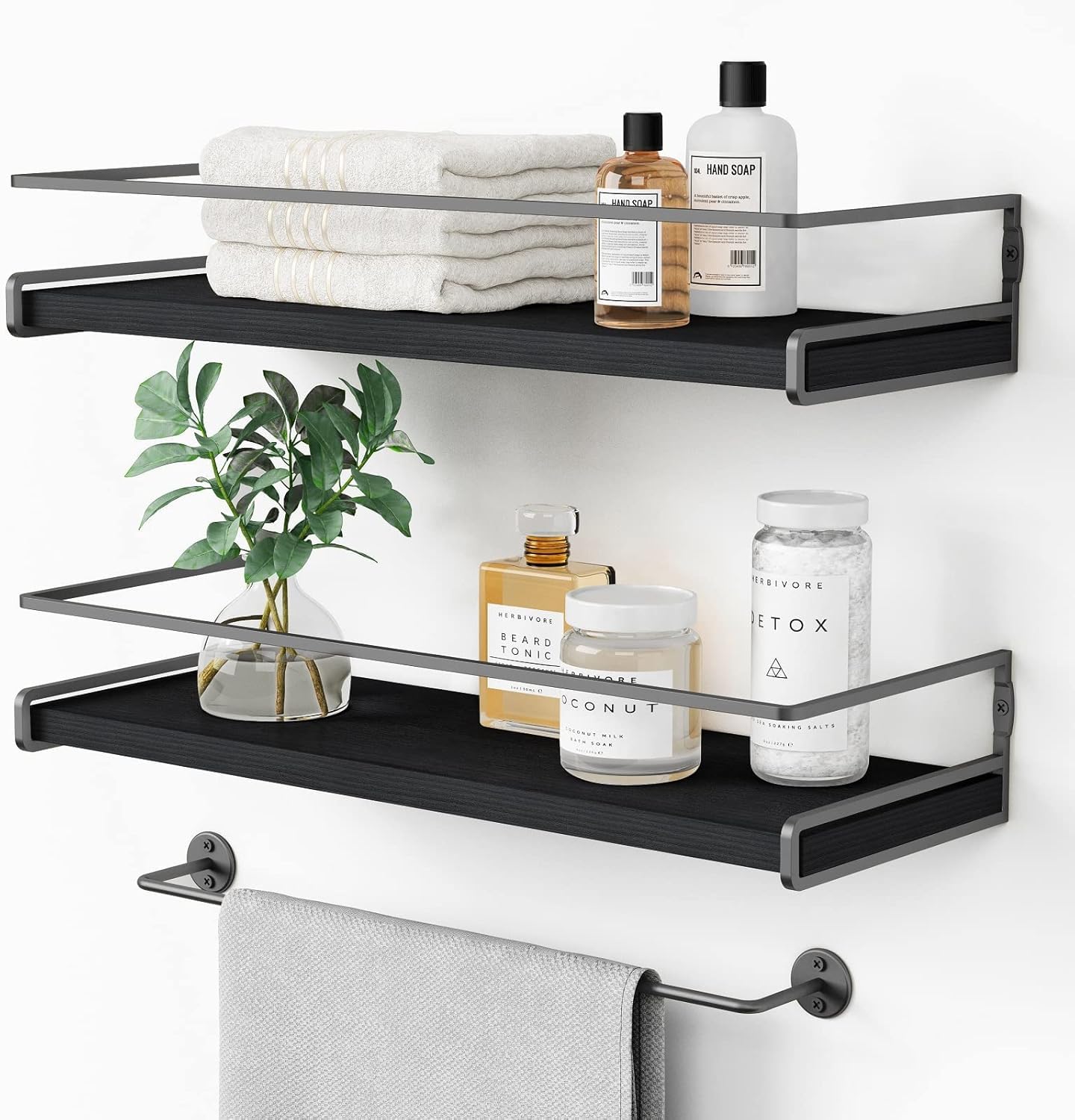 ZVZM Black Floating Shelves, 2+1 Wooden Shelves for Wall, Bathroom Kitchen Wall Mounted Shelves for Bedroom, Floating Wall Wooden Shelf Unit With Towel Rail.