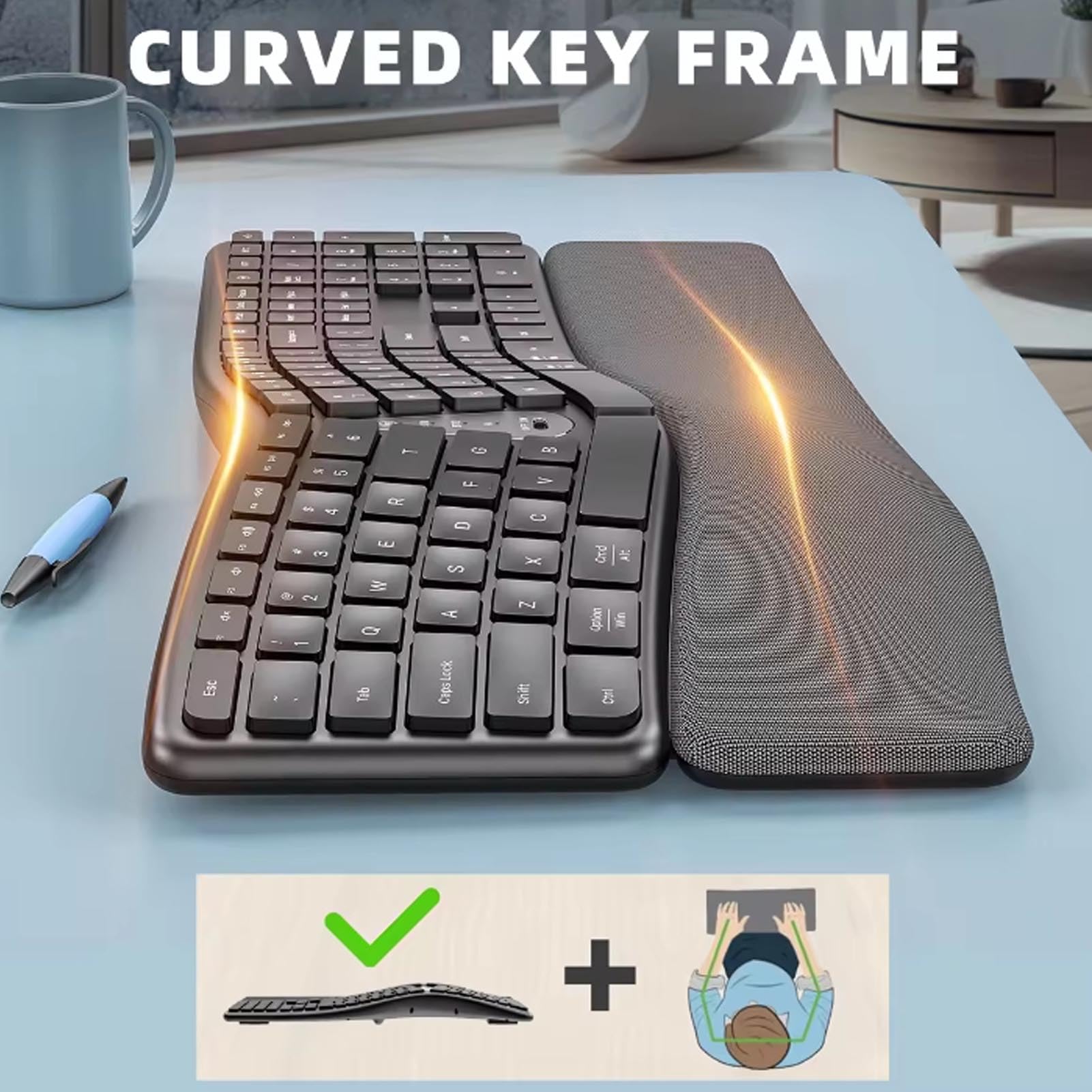 Bewinner Tastiera Ergonomica Divisa con Riposo Al Polso Ammortizzato, connettività e USB, Tastiera Divisa Ricaricabile USB C per Laptop Desktop per Computer