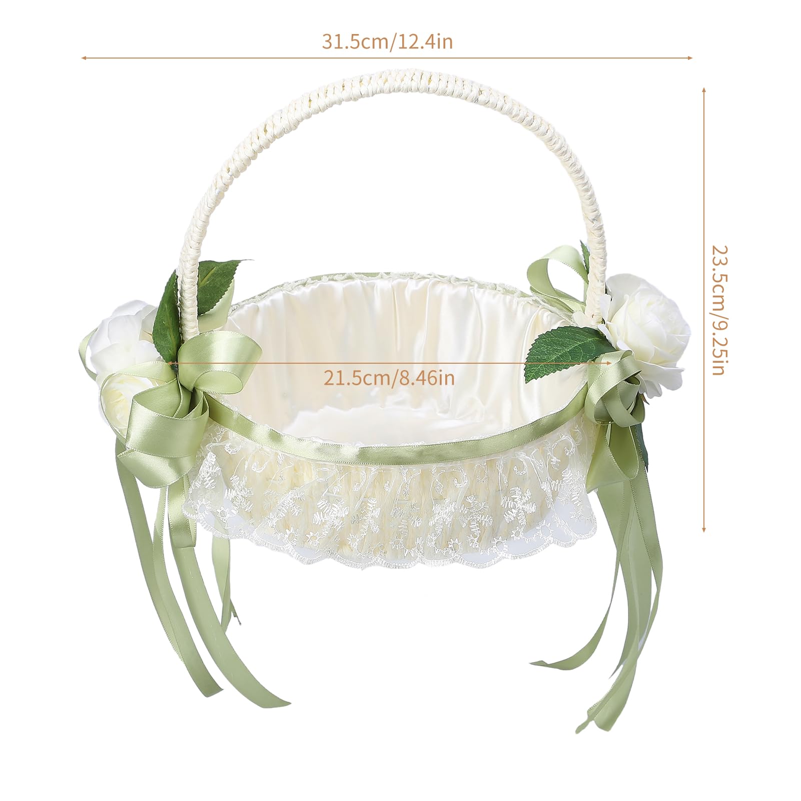 Wedding Flower Girl Basket, Milk White Fairy Pearl Flower Basket with Lace Green Bow Sweet Romantic Petals Storage Basket for Wedding Ceremony Decoration(Milk White)