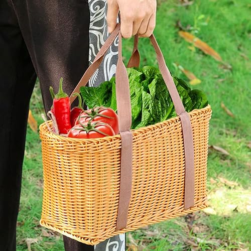Miniatura 4 de Cestas de mimbre, cesta de picnic tejida de paja con tapa de asa, cestas para reuniones vacías, cestas de picnic para el hogar al aire libre cestas