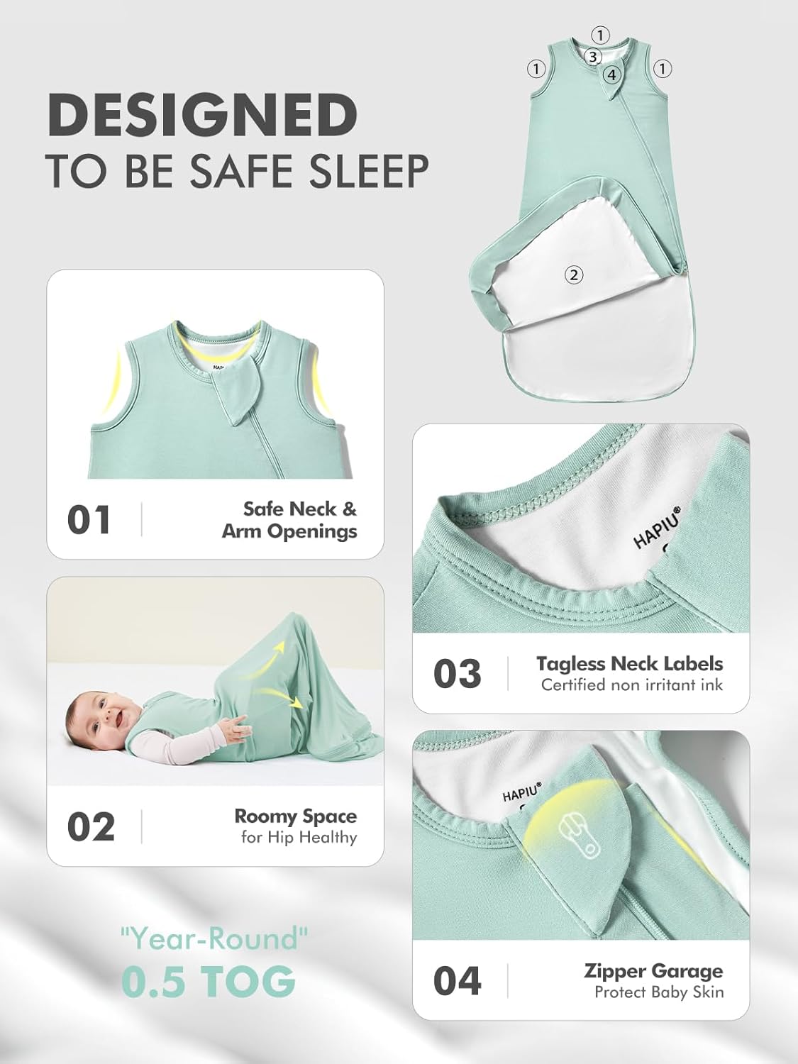 HAPIU Unisex Rayon Made from Bamboo Baby Sleep Sack TOG 0.5, 2-Way Premium Zipper, Wearable Blanket