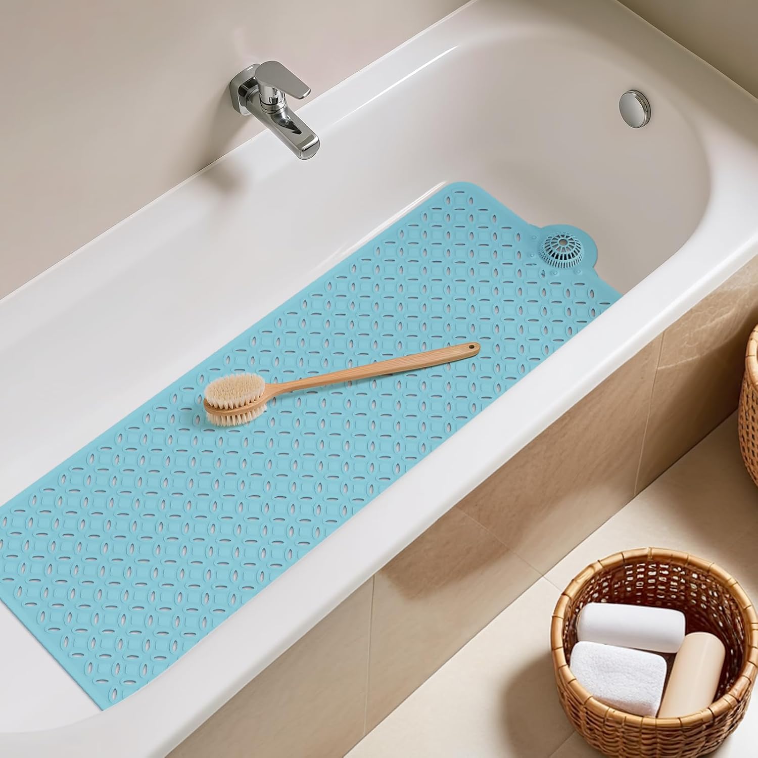 OTHWAY Bath Mat for Tub Non Slip: 39" X 17" Long Bathtub Mat with Hair Catcher│Big Drain Holes Shower Mats for Inside Shower│Machine Washable (Blue) - Image 6