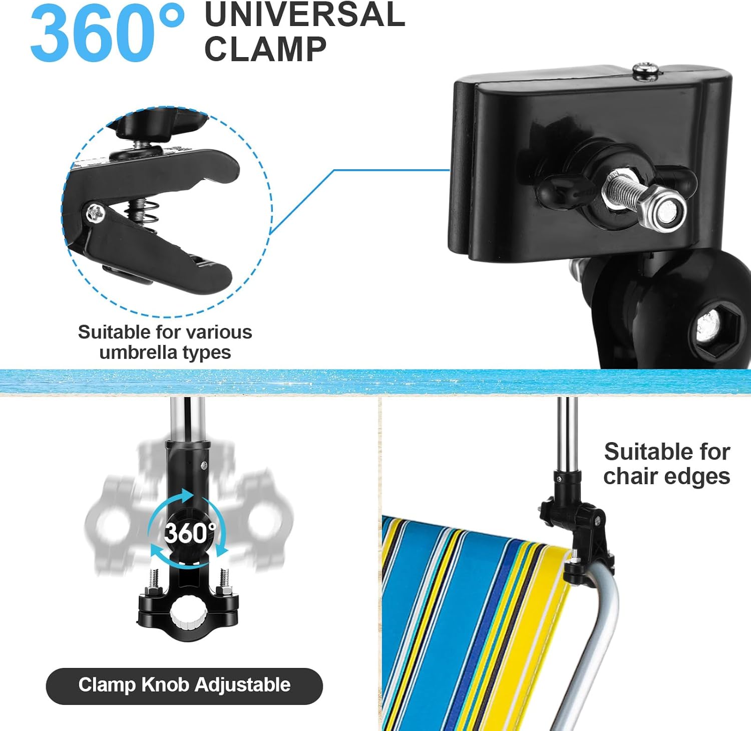 2 Pcs Beach Chair Umbrella with Clamp 49.2" 360° Adjustable Golf Umbrella with Clip and Retractable Stand Sun Shade for Camping Outdoor Travel Patio Wheelchair Golf Cart Stroller