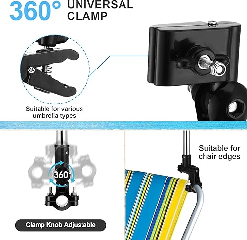 Miniatura 4 de Paraguas para silla de playa con abrazadera de 49.2 pulgadas, paraguas de golf ajustable de 360 con clip y soporte retráctil, parasol para camping,