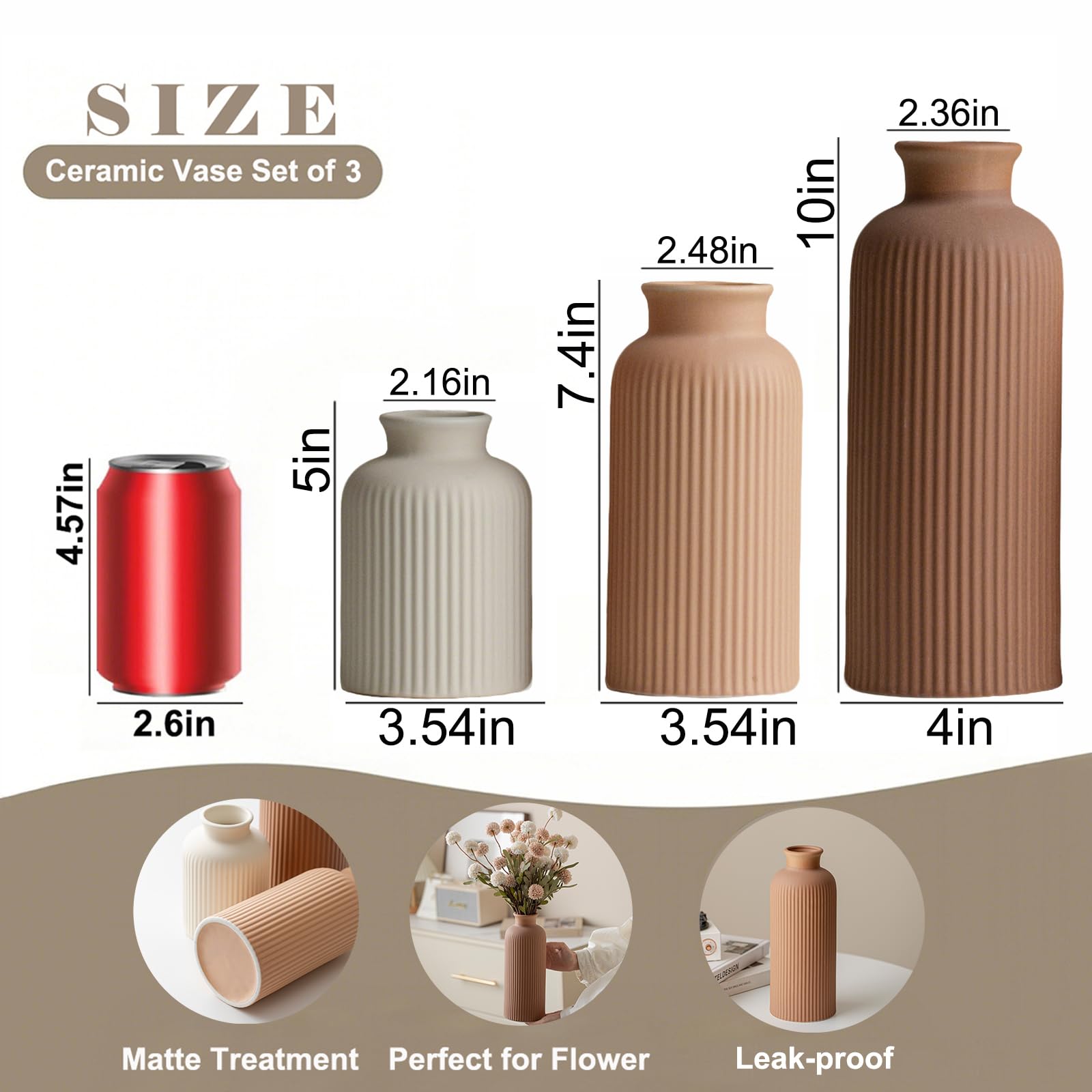 Große Moderne Keramik Vase Set, Kaffee Geriffelt Matt Design, 3 Stück Dekorative Vasen für Zuhause, Wohnzimmer, Büro (XL Kaffee Mix)