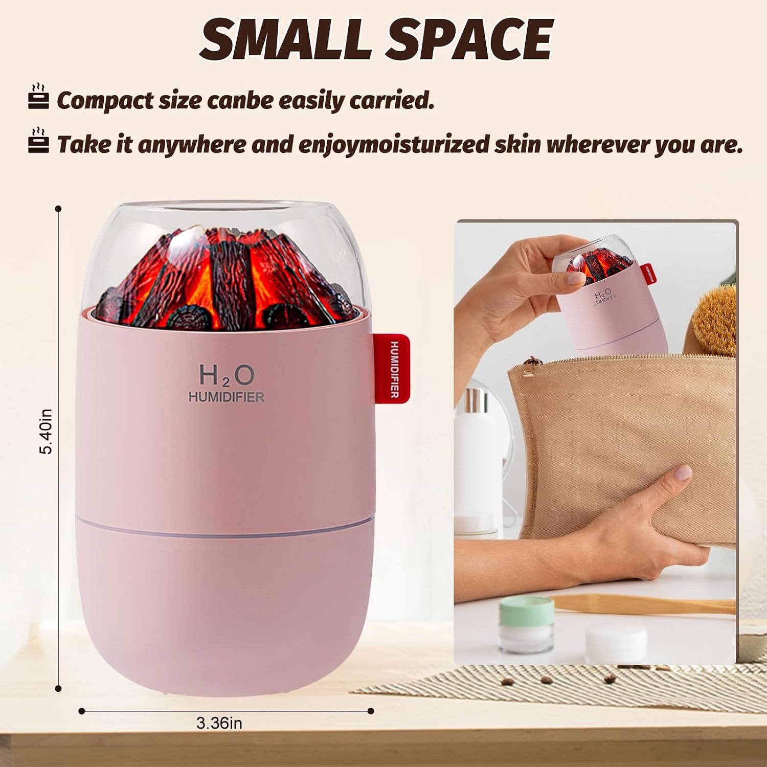 Portable Mini Humidifier for Desk Bedroom Indoor Plant, 280 ml Humidifier for Office Small Room, USB Powered Quiet Cool Mist Humidification Night Light (Pink)