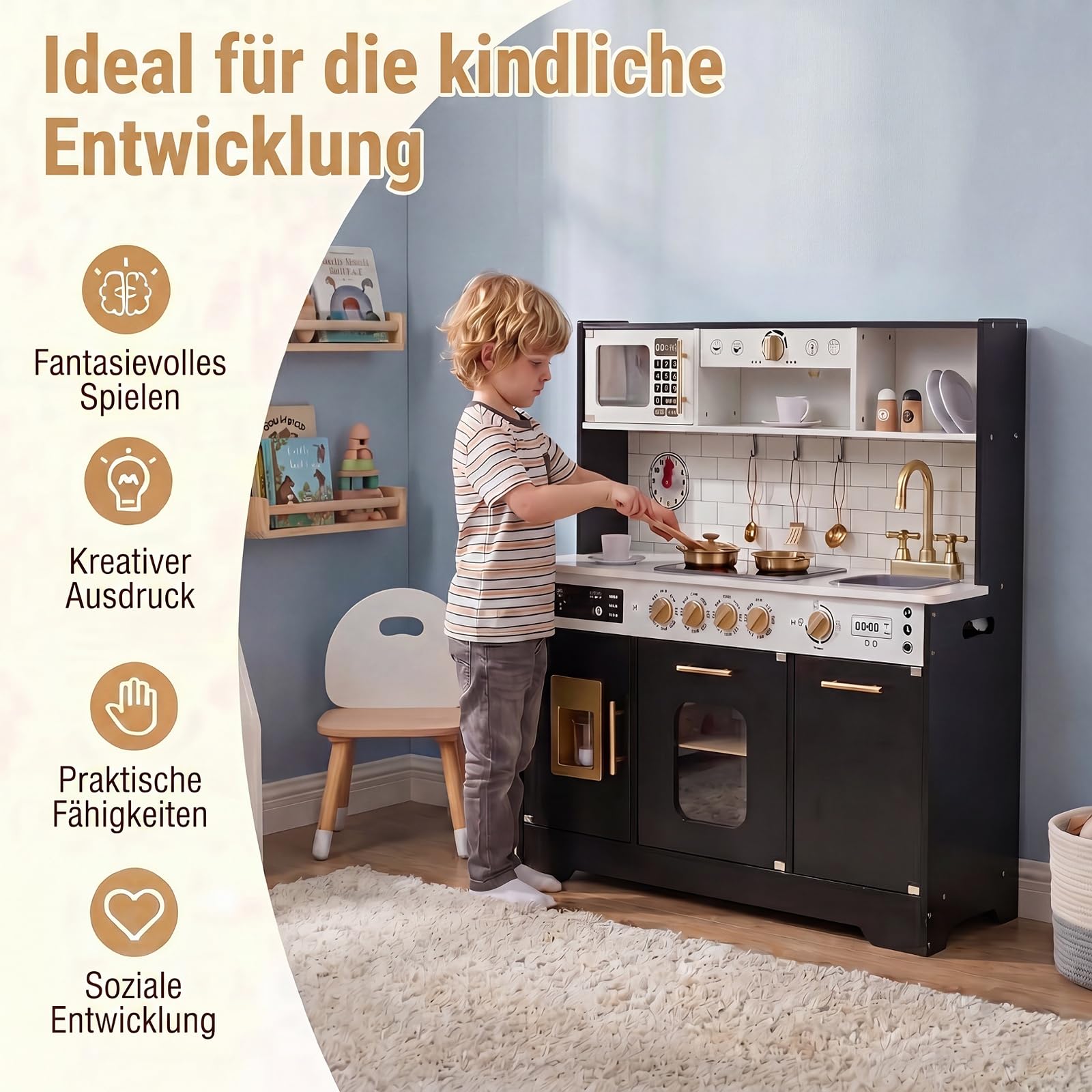 DREAMADE Kinderküche Holz, Spielküche mit Licht & Sound (Schwarz) | Kinder Küche mit Mikrowelle, Backoffen, Kaffeemaschine, Eiswürfelmaschine & Spülmaschine, Puppenküche für Kinder ab 3 Jahren